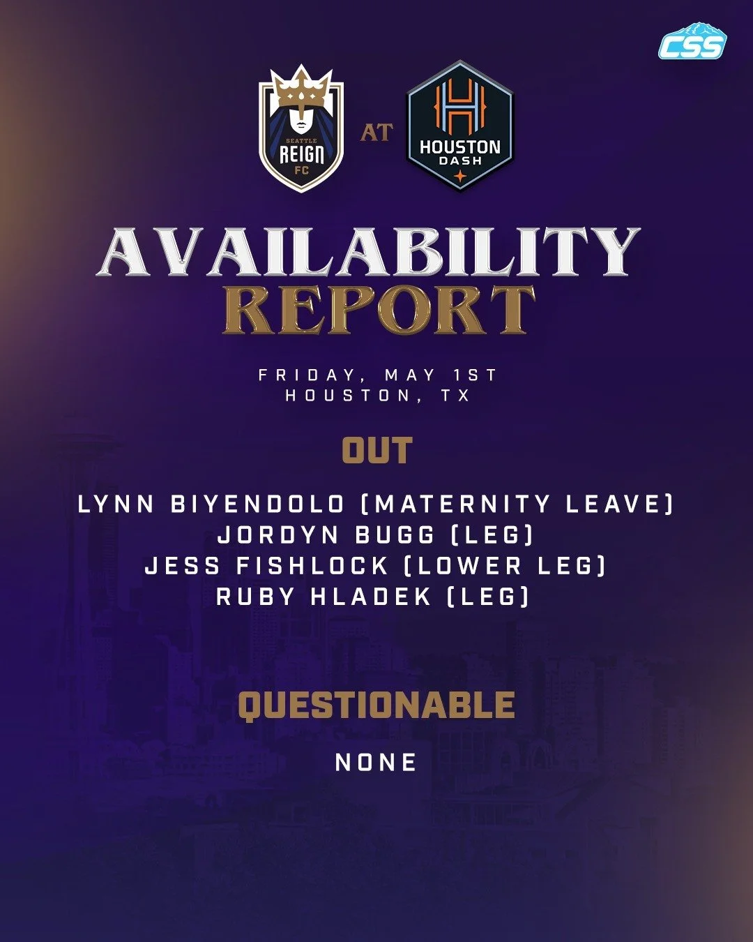 Here's tonight's @reignfc availability report for their road match against the @houstondash.

Jess Fishlock obviously out after the injury suffered last match, but it's not believed to be season ending. Bugg out a second straight match.

#SeattleReig
