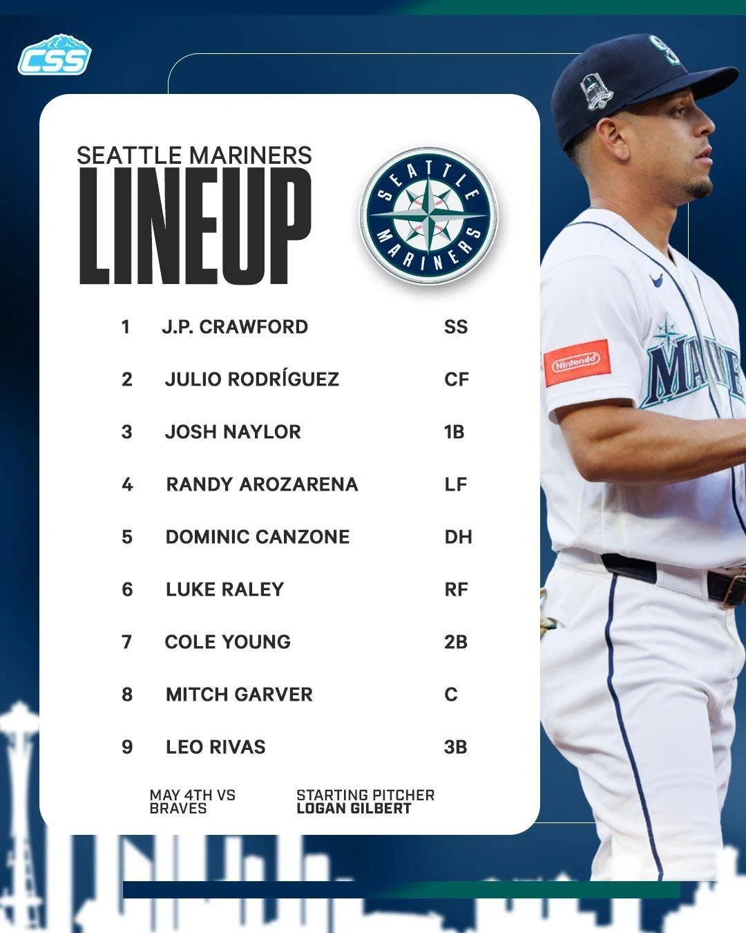 Here's tonight's @mariners starting lineup for the series opening contest of a three-game series against the @braves at @tmobilepark!

Logan Gilbert on the hill for Seattle, dueling against Bainbridge native JR Ritchie for ATL.

Photo by @kng.tiff 

