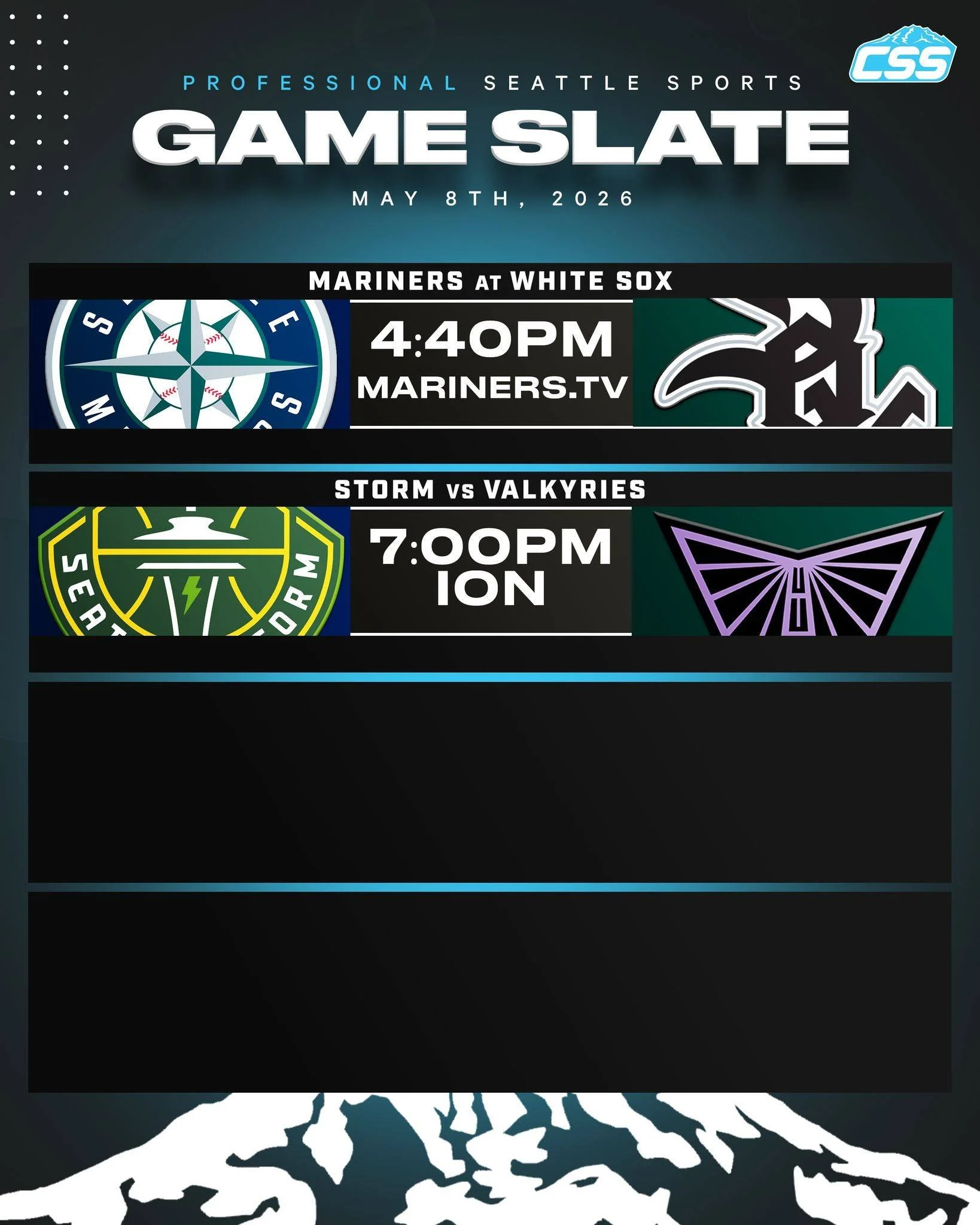 Two of Seattle's professional sports teams are in action on Friday, May 8th, 2026⬇️

⚾️ @mariners begin a road trip, starting a weekend series against the @whitesox!
🏀 @seattlestorm begin their 2026 season, hosting the @valkyries!

#SeattleMariners 