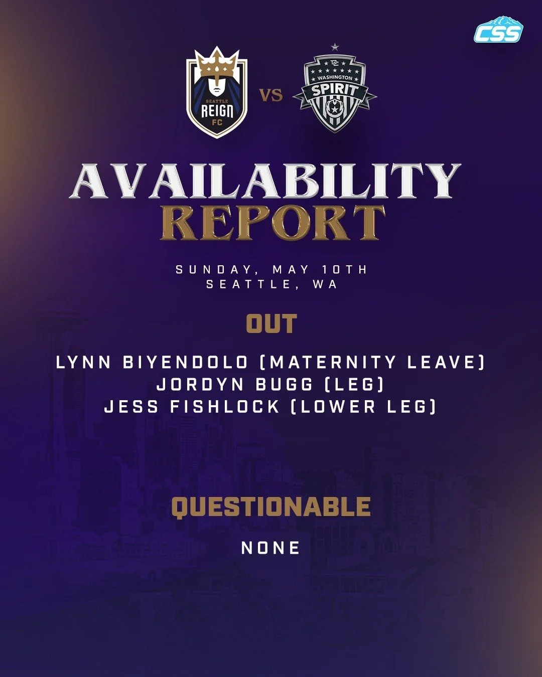 Here is today's @reignfc availability report for this afternoon's match against the @washingtonspirit at @lumenfield.

Expected players on this list for the Reign, no surprises here, considering their current situations. 

#SeattleReignFC #SeattleSpo