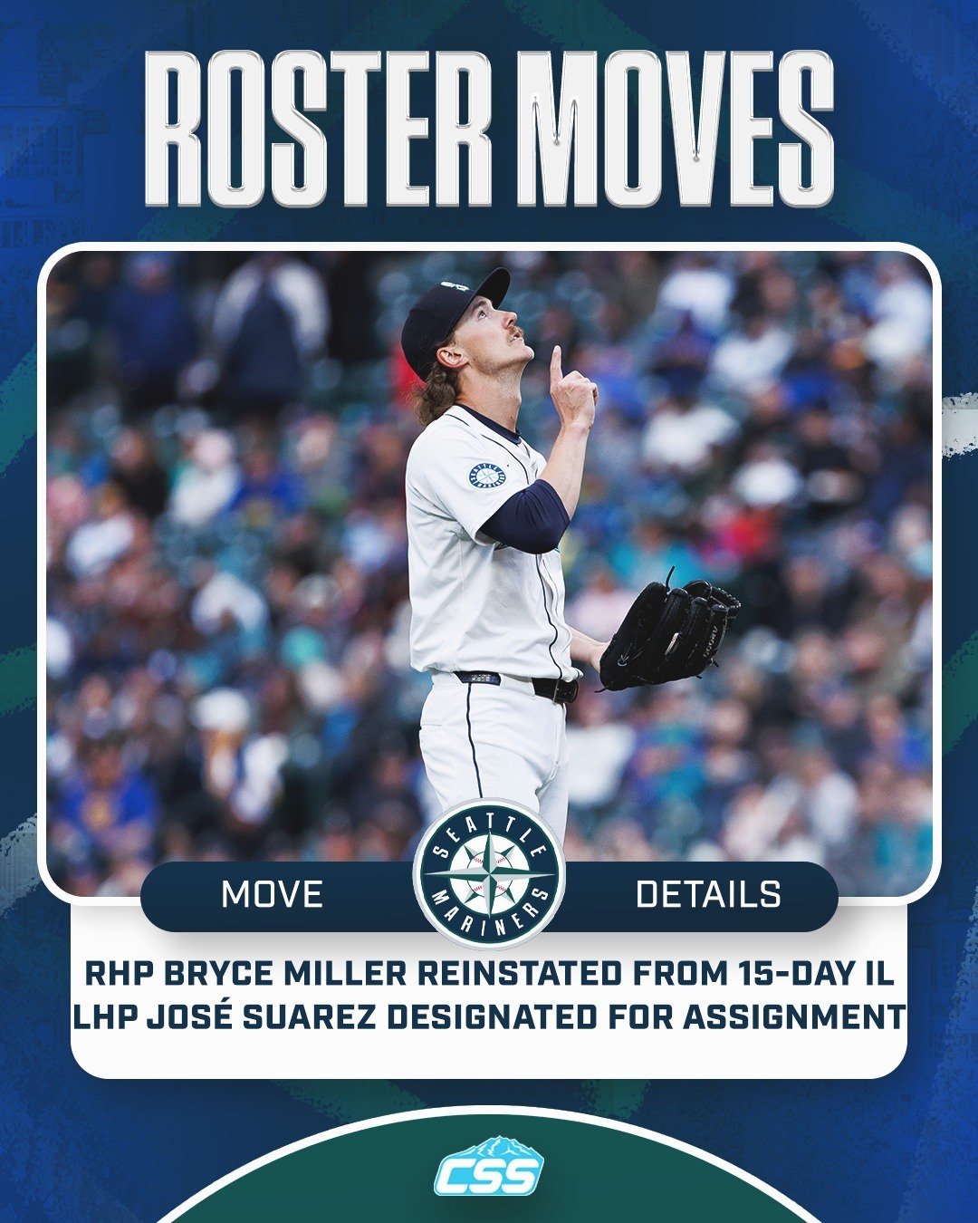 Earlier today, our @mariners announced that RHP Bryce Miller had been reinstated from the 15-day Injured List (left oblique strain). He'll start tonight.

In a corresponding move, LHP Jos&eacute; Suarez was designated for assignment. He made one appe