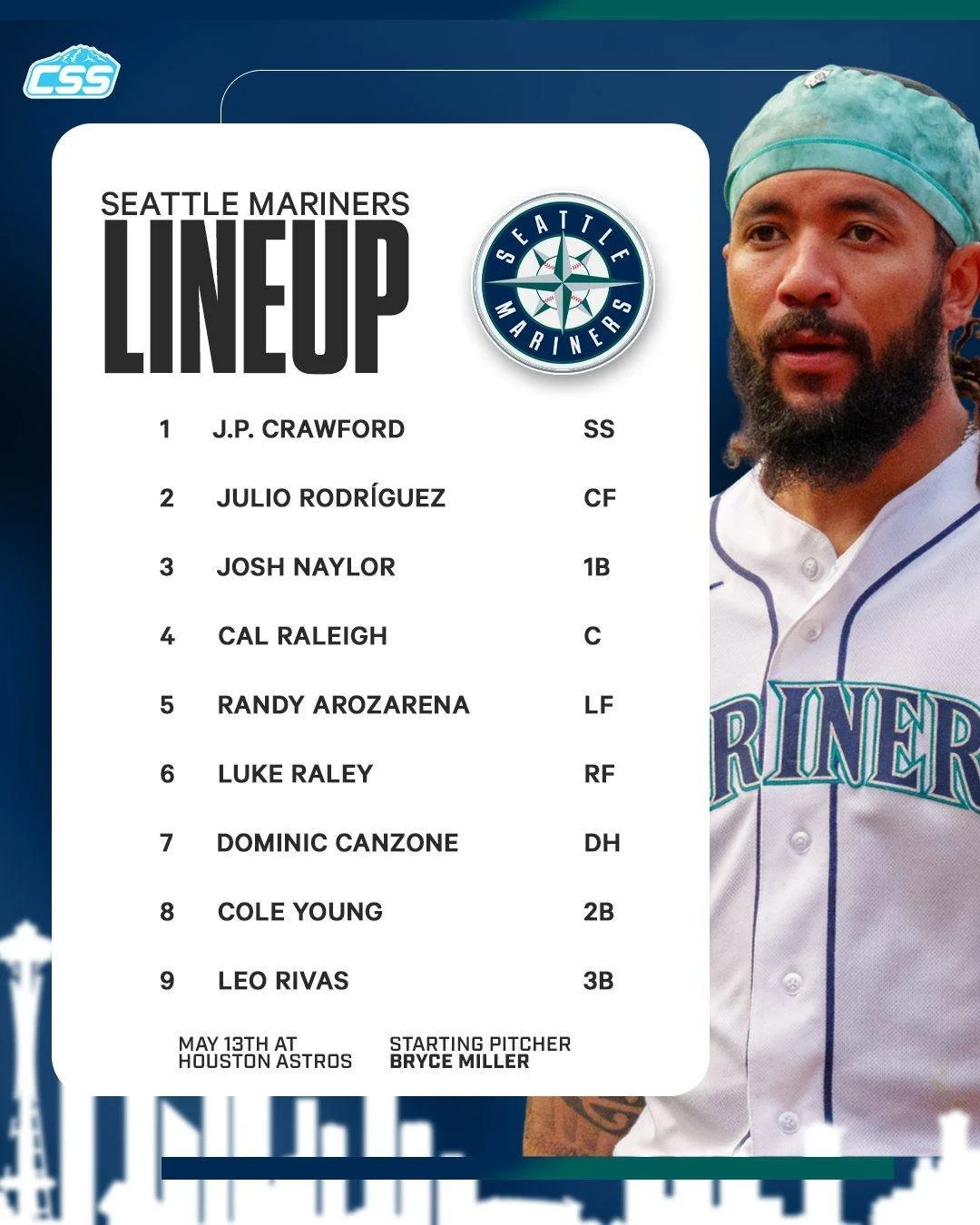Here's tonight's @mariners starting lineup for game three of a four-game road set against the @astros, as Bryce Miller is all set to make his season debut for Seattle.

A few changes for the Mariners' lineup today.

Photo by @benvisualmultimediallc 
