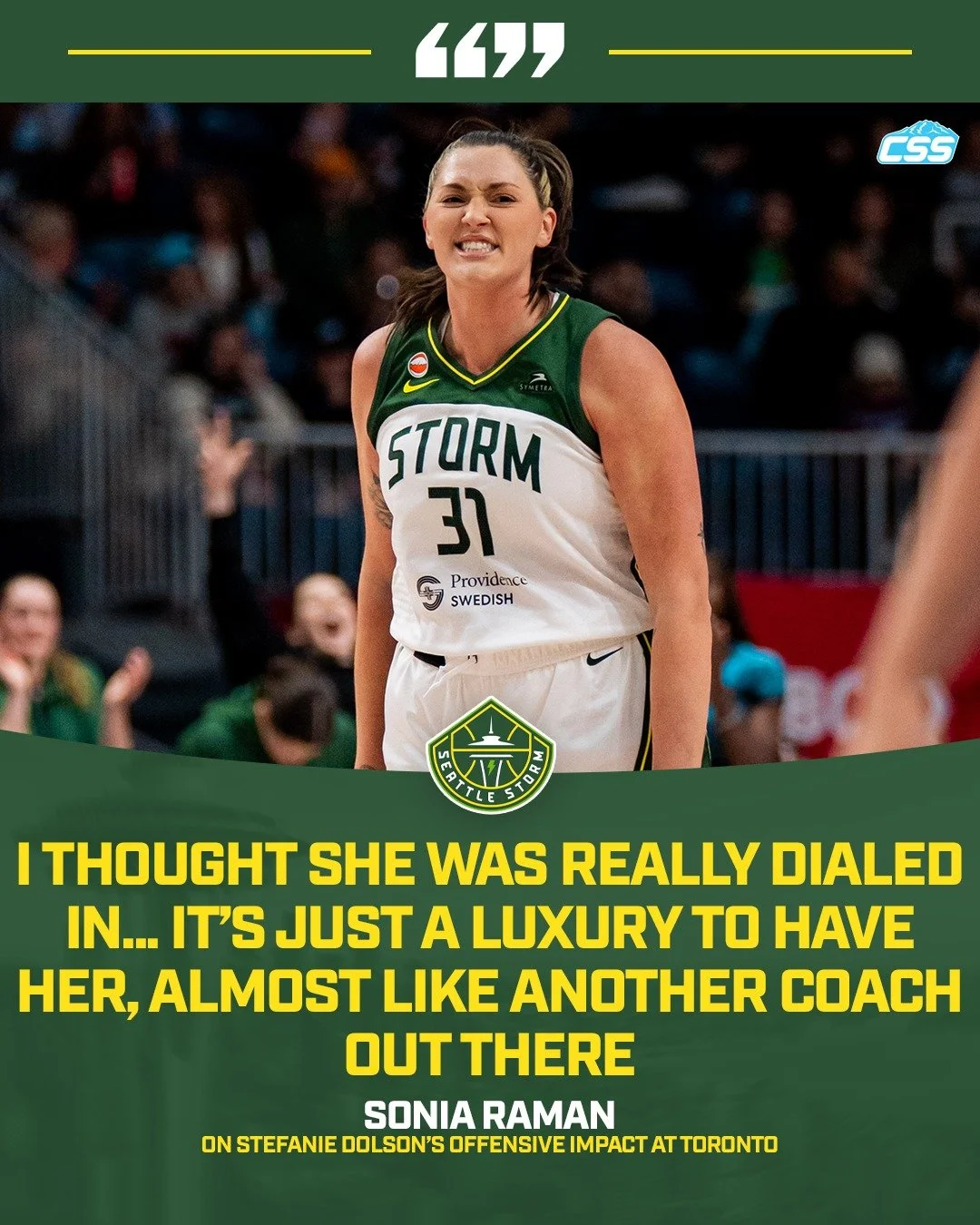 After the team's game in Toronto, @SeattleStorm head coach Sonia Raman was asked about the play of veteran Stefanie Dolson.

Raman praised Dolson's offensive play and said having her on the court is like having another couch out there.

Cover photo v