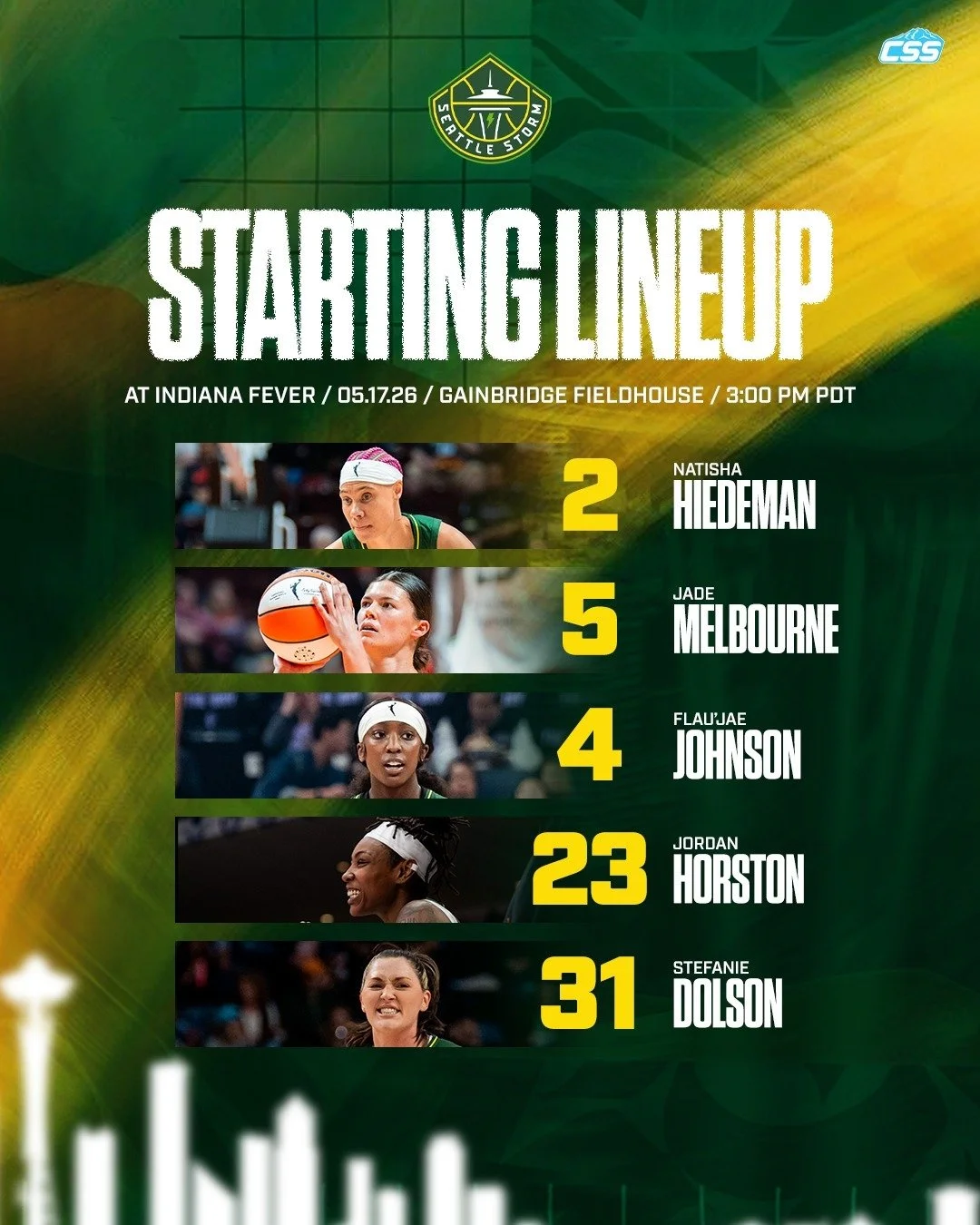 Here is the @seattlestorm starting five for this afternoon's game on the road against the @indianafever.

A new look for Seattle with Dominique Malonga out due to a concussion.

All photos via the Seattle Storm

#SeattleStorm #LookUp #SeattleSports