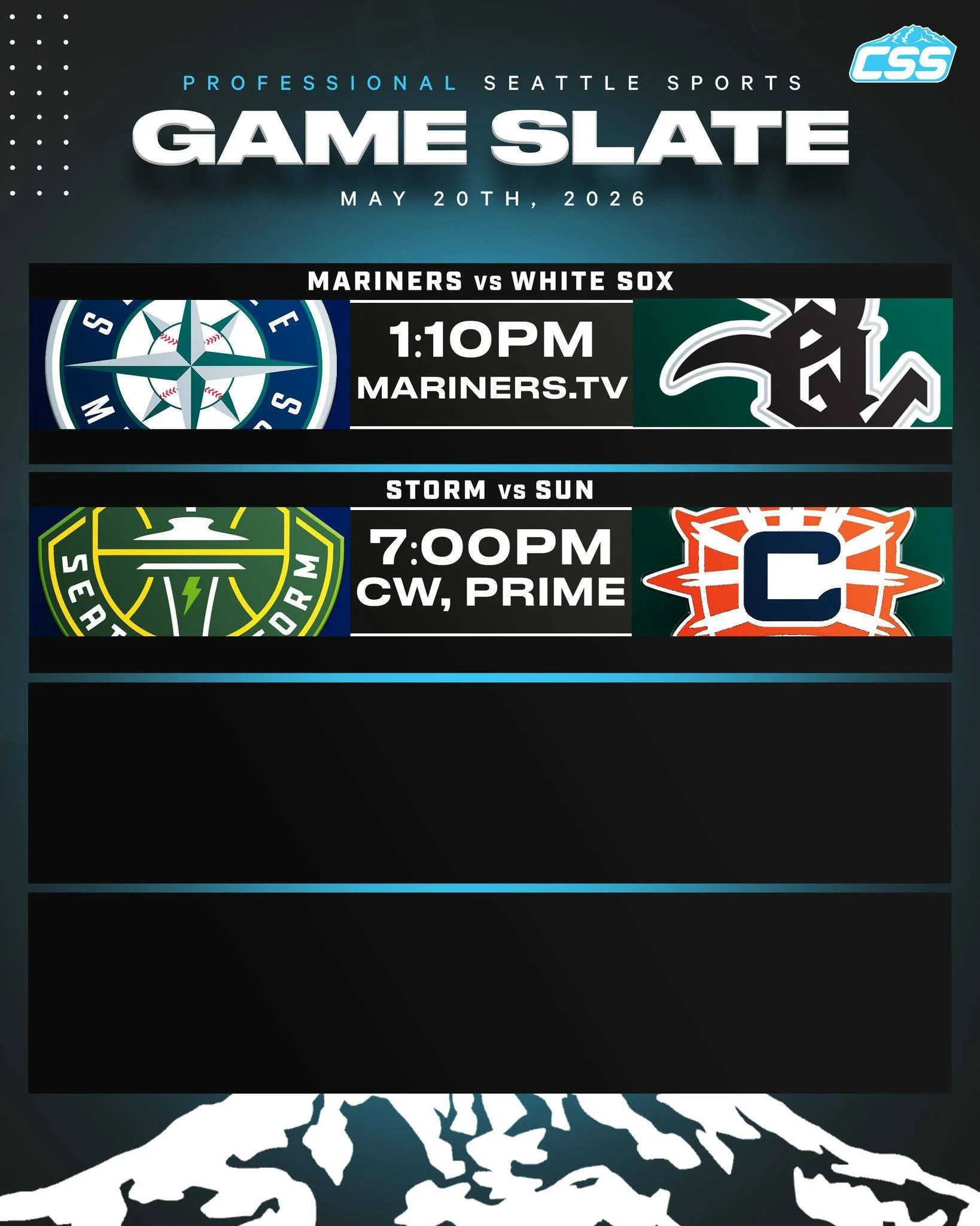 Two of Seattle's professional sports teams are in action on Wednesday, May 20th, 2026⬇️

⚾️ @mariners close out their series with the @whitesox at home!
🏀 @seattlestorm return home and host the @connecticutsun!

#TridentsUp #LookUp #SeattleSports
