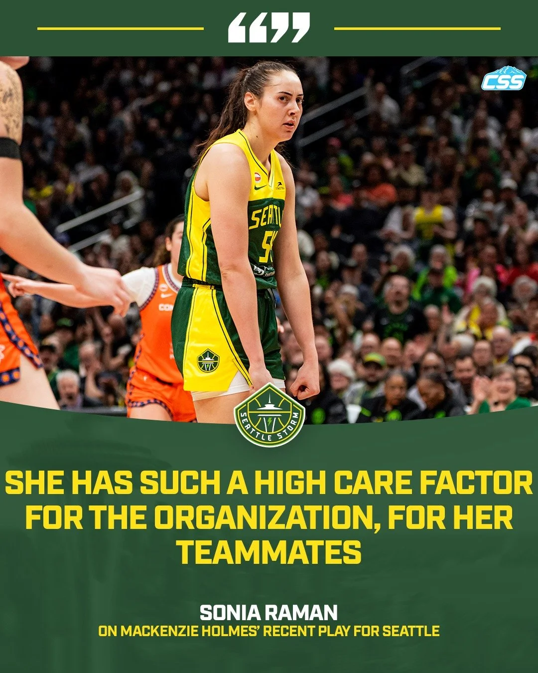 During yesterday's @SeattleStorm pregame media availability, we asked head coach Sonia Raman what she's seen from Mackenzie Holmes this season, especially over the last few games.

Raman praised Holmes' toughness and scrapiness, in addition to her hi