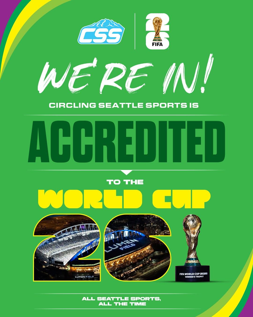 We're Men's World Cup-bound! CSS will be on site at "Seattle Stadium" for the @fifaworldcup matches being hosted in our beautiful city!

We've covered the big-time events in Seattle since we were created, from MLB All-Star Week to the Winte