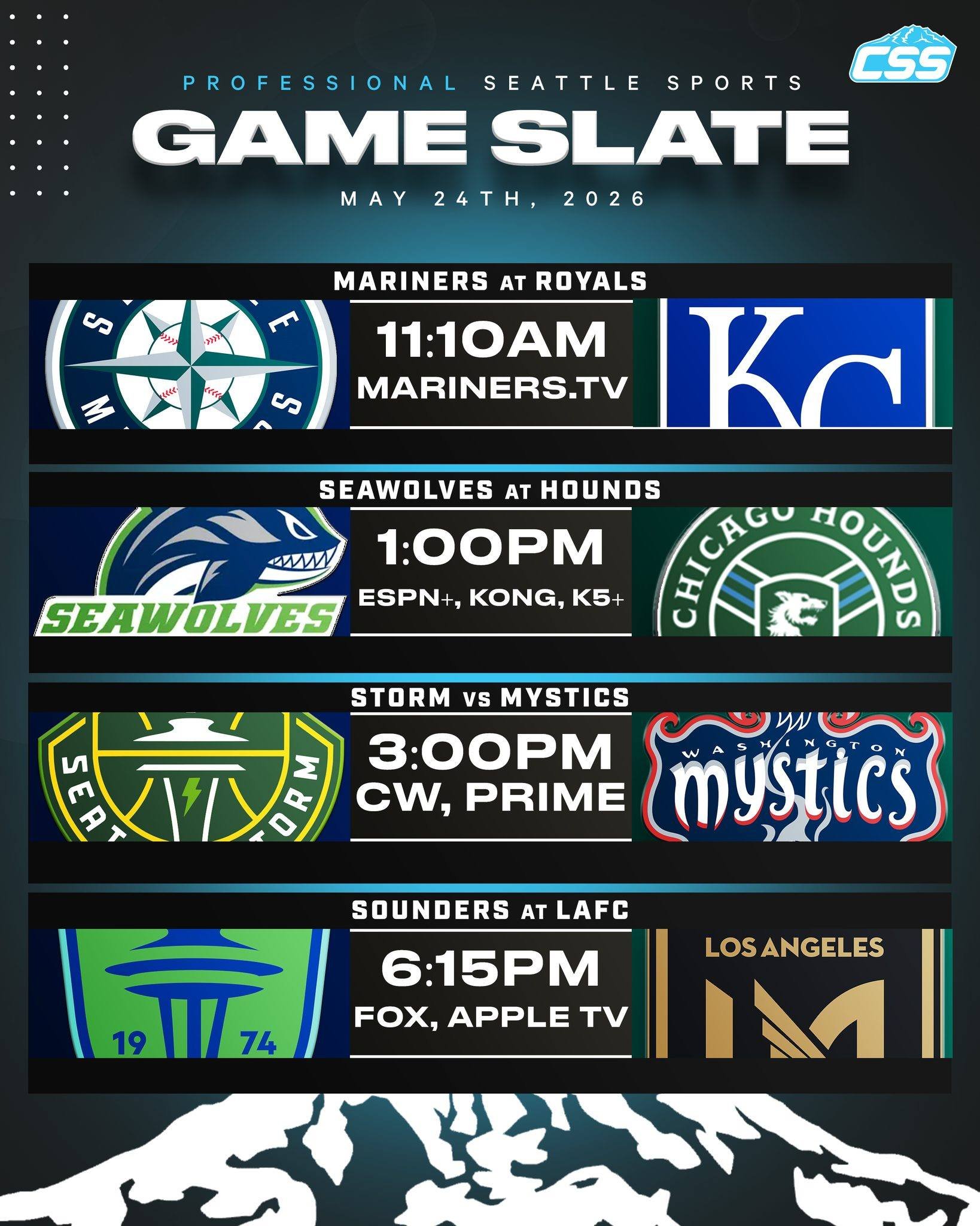 Four of Seattle's professional sports teams are in action on Sunday, May 24th, 2026⬇️

@mariners take on the @kcroyals on the road!
@seawolvesrugby clash with the @chicagohoundsrugby on the road!
@seattlestorm host the @washmystics!
@soundersfc battl
