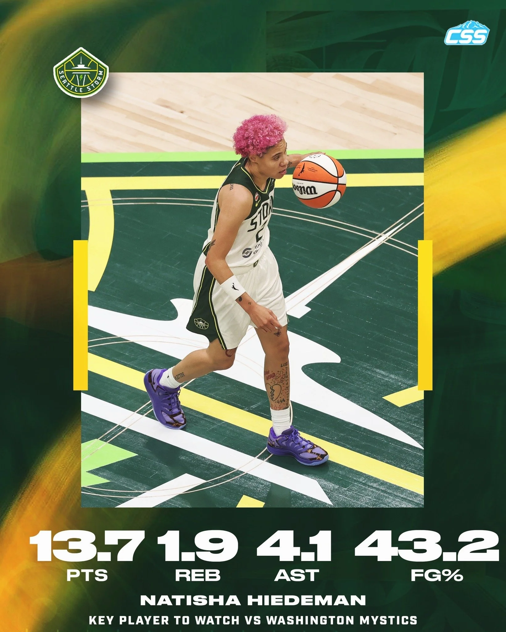 Our key @seattlestorm player to watch is Natisha Hiedeman. "T" ranks first on the team in total points (96), field goals made (35), and three-point field goals made (12), and tied a career high in points scored last game.

You can always he