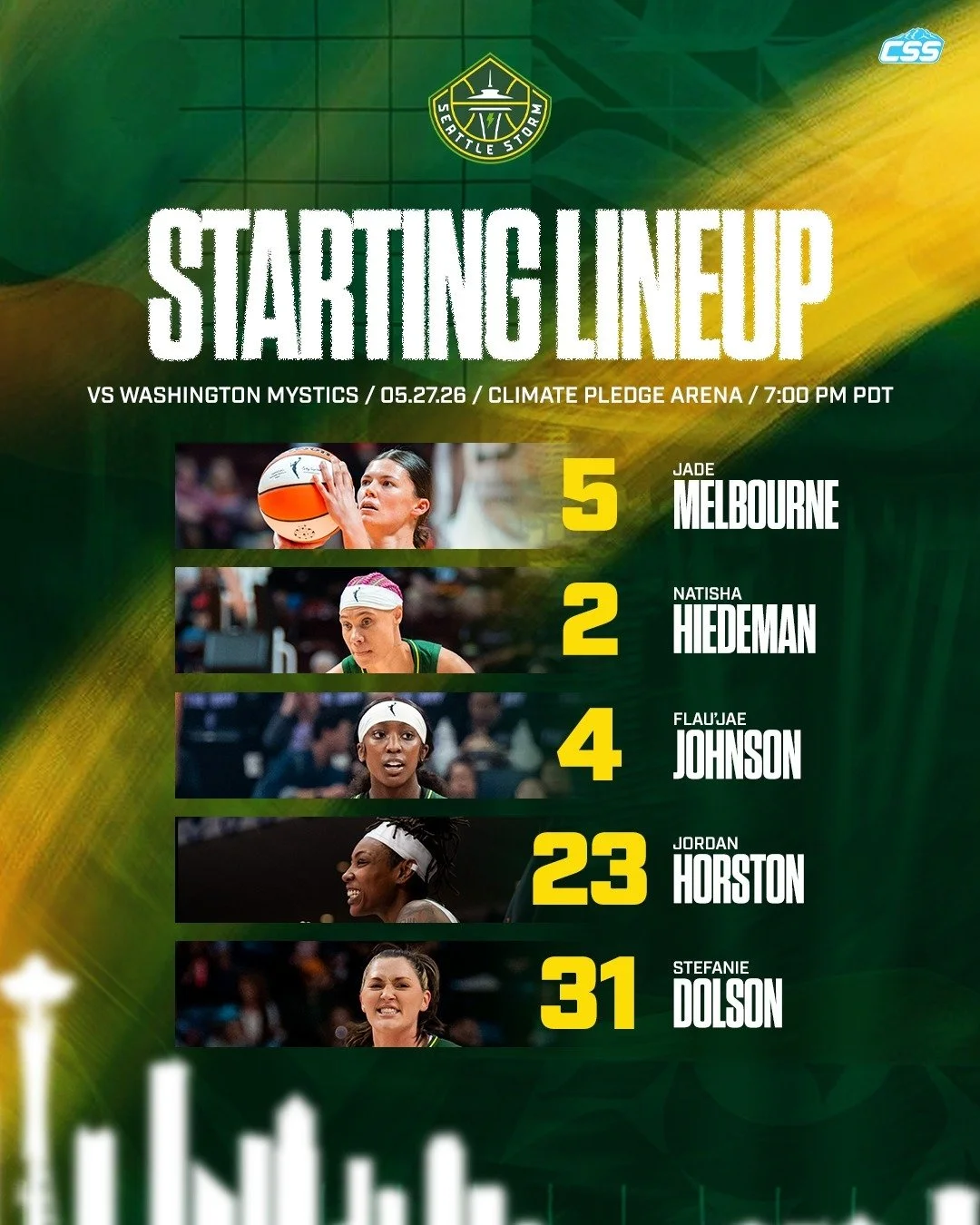 Here is the @seattlestorm starting five for tonight's game against the @washmystics, as the Storm opt to keep their starting unit the same for the fourth and final game of this current homestand.

Photos via the Storm

#SeattleStorm #SeattleSports #W