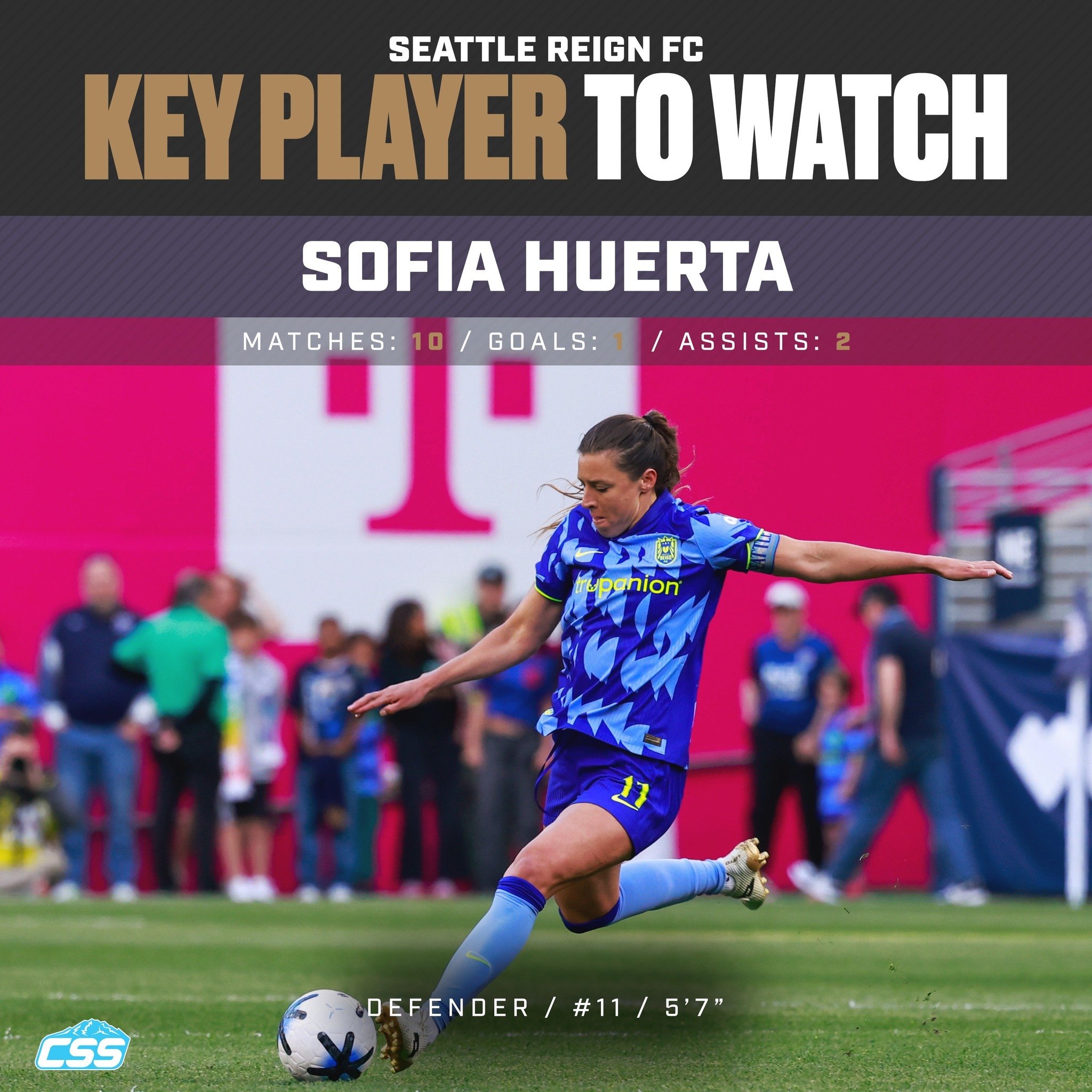 Our key @reignfc player to watch is Sofia Huerta. Last time out against Boston, Huerta slotted home a penalty and put together another strong performance. We look to Sofia for her leadership and ability! 

You can always head down to the home of CSS,