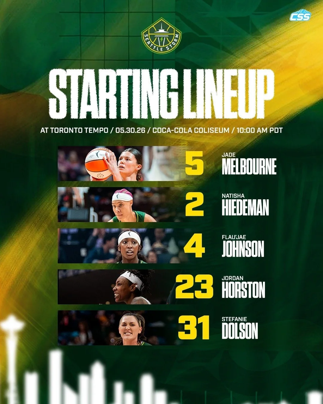 Here is the @seattlestorm starting five for their road matchup against the @torontotempo, the second meeting between the two teams this month.

Sonia Raman's Storm team stays with the starting five they've had.

Photos via the Storm

#SeattleStorm #S