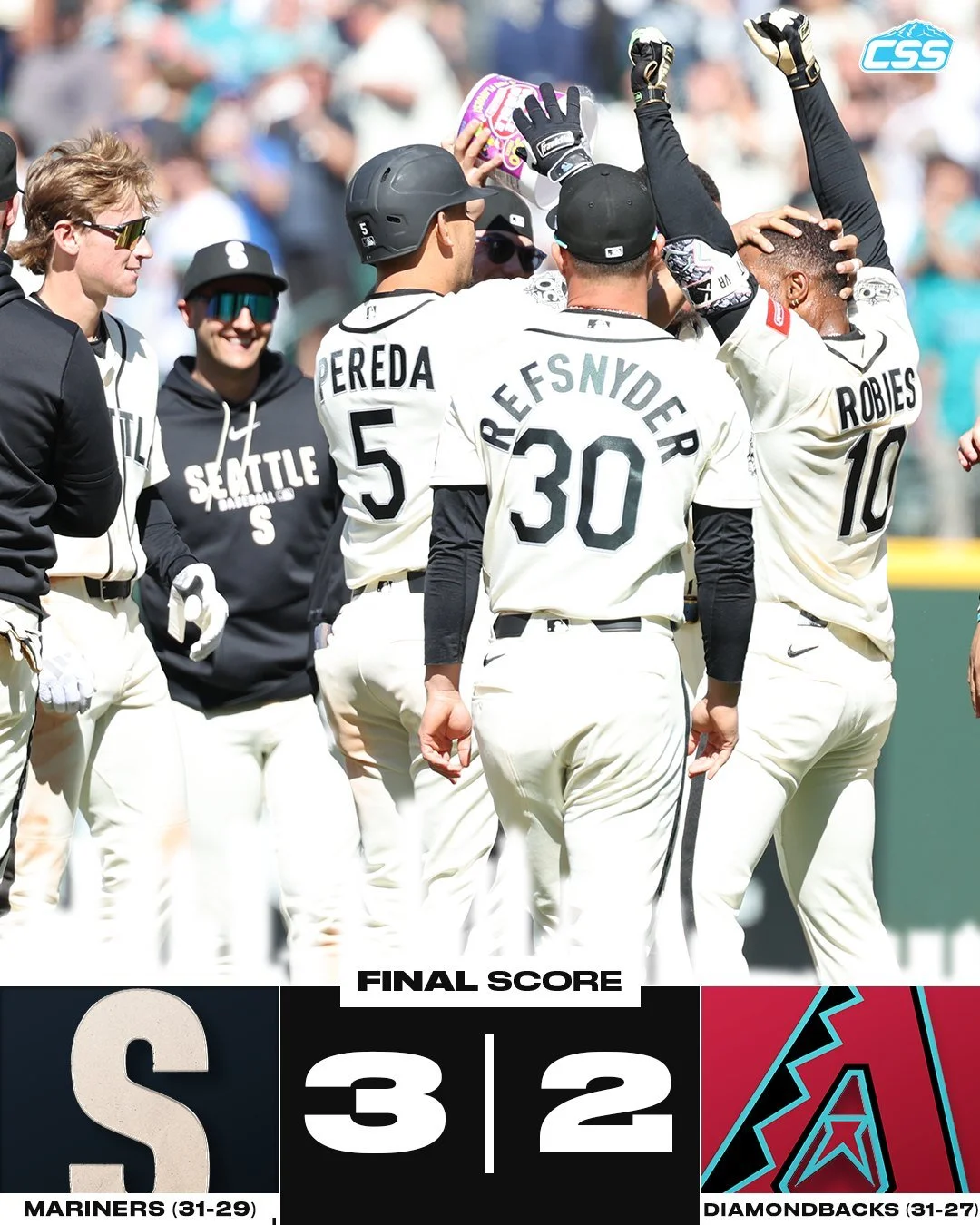 FINAL: @mariners WIN! The Mariners complete a sweep of the @dbacks with their second walk-off in three games, as the piggyback situation is solid again, while homers by Young and Canzone are the offense before Robles wins it. 

"King" the S