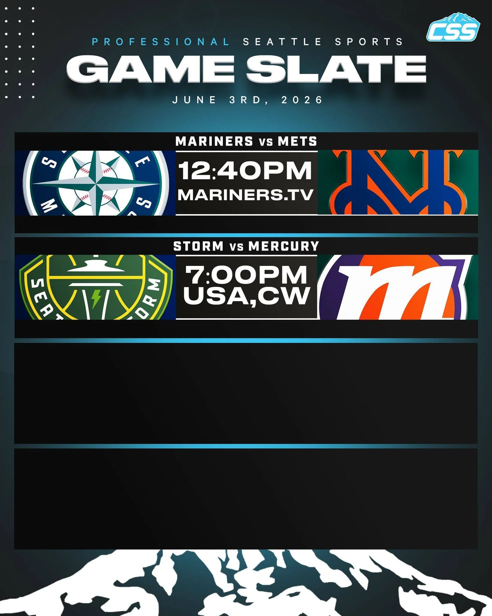 Two of Seattle's professional sports teams are in action on Wednesday, June 3rd, 2026⬇️

@mariners finish their home series against the @mets!
@seattlestorm return home to host the @phoenixmercury!

#TridentsUp #SeattleStorm #SeattleSports