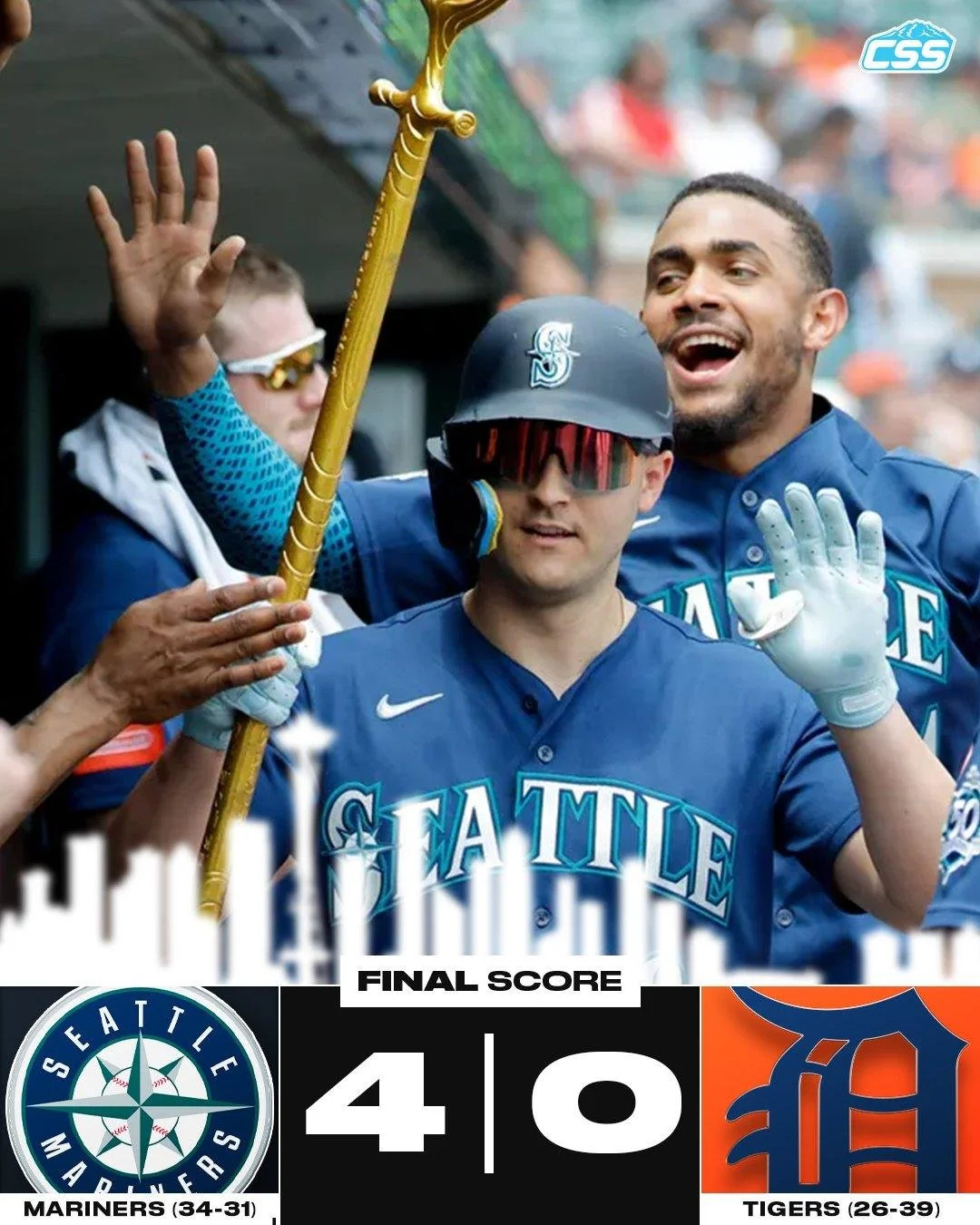FINAL: @mariners WIN! Seattle shuts out the @tigers this morning to even things up and set up a rubber match tomorrow. Bryce Miller is excellent, throwing six innings, while Dom Canzone collects two extra-base hits today. 

Mariners get their 13th vi
