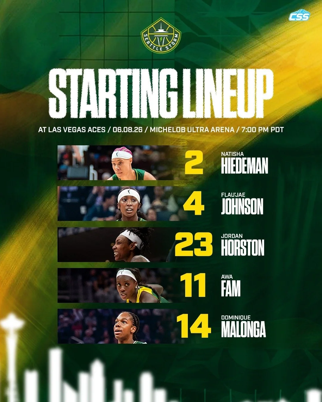 Here is tonight's @seattlestorm starting five for their matchup against the @LVAces, the last contest of a mini road trip.

Dominique Malonga returns to the starting five for Sonia Raman's Storm squad as they battle Vegas.

Photo via the Storm

#Seat