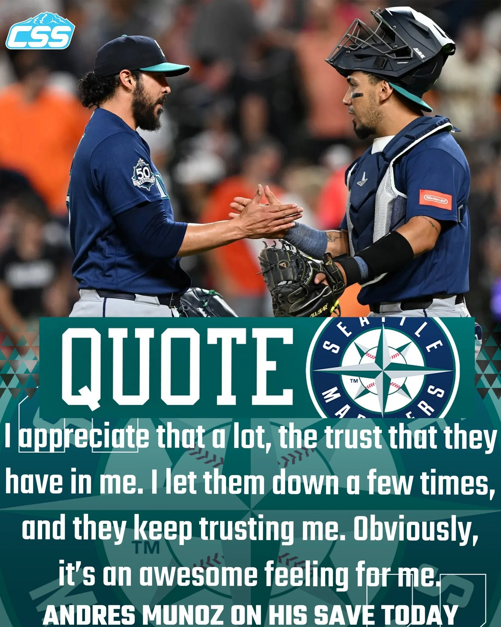 When asked postgame about the @mariners going back to him late after a blown save on Sunday, Andr&eacute;s Mu&ntilde;oz shared his appreciation as he works to improve on some rough instances so far this season.

Photo by Gail Burton/AP

#TridentsUp #