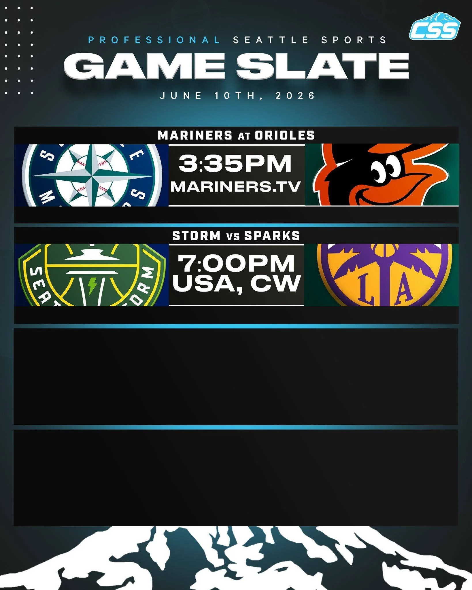 Two of Seattle's professional sports teams are in action on Wednesday, June 10th, 2026⬇️

@mariners continue their four-game road series against the @orioles!
@seattlestorm are back home to host the @la_sparks!

#SeattleSports #TridentsUp #SeattleSto
