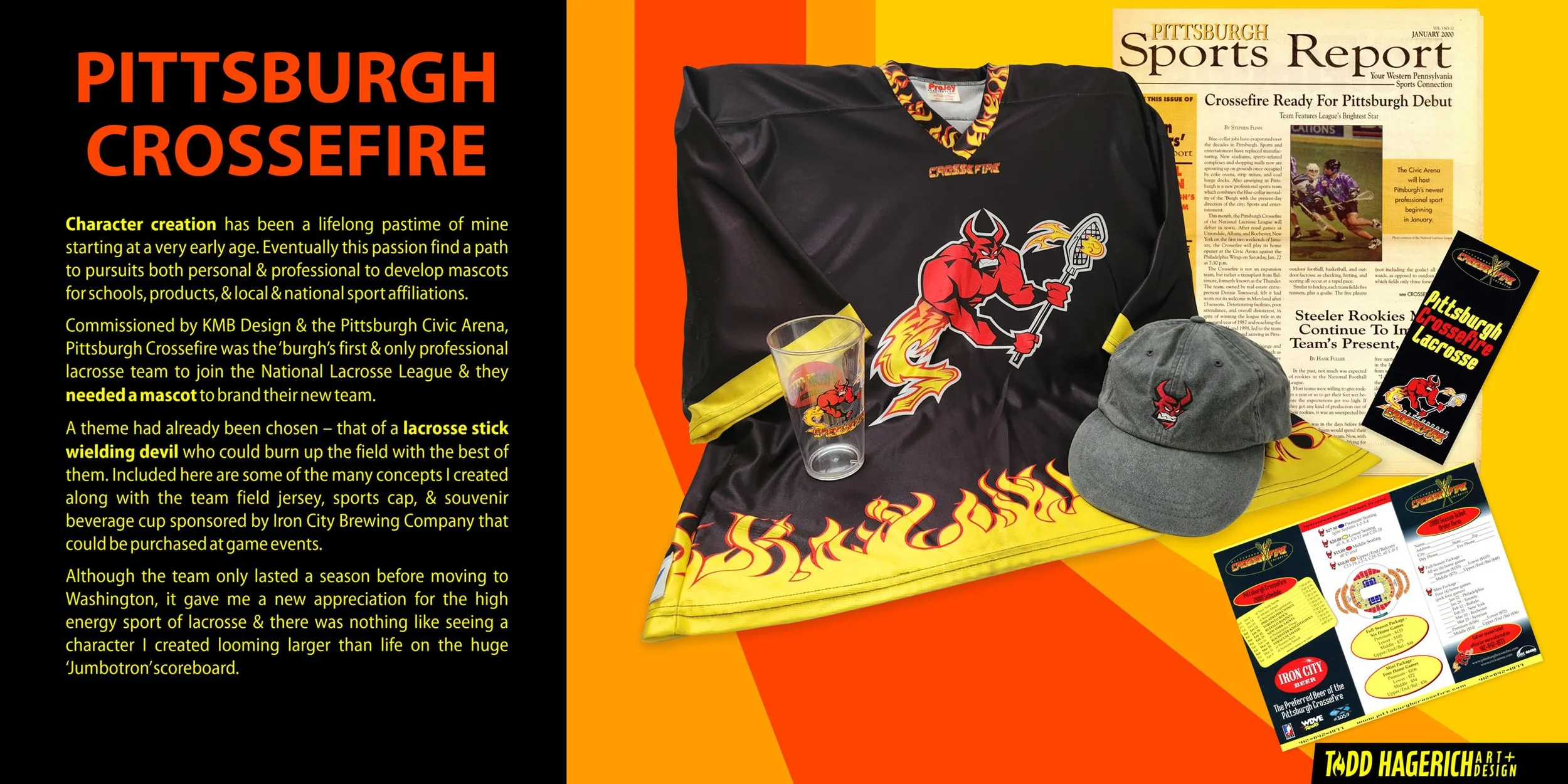 Pittsburgh Crossfire mascot design created by illustrator Todd Hagerich.