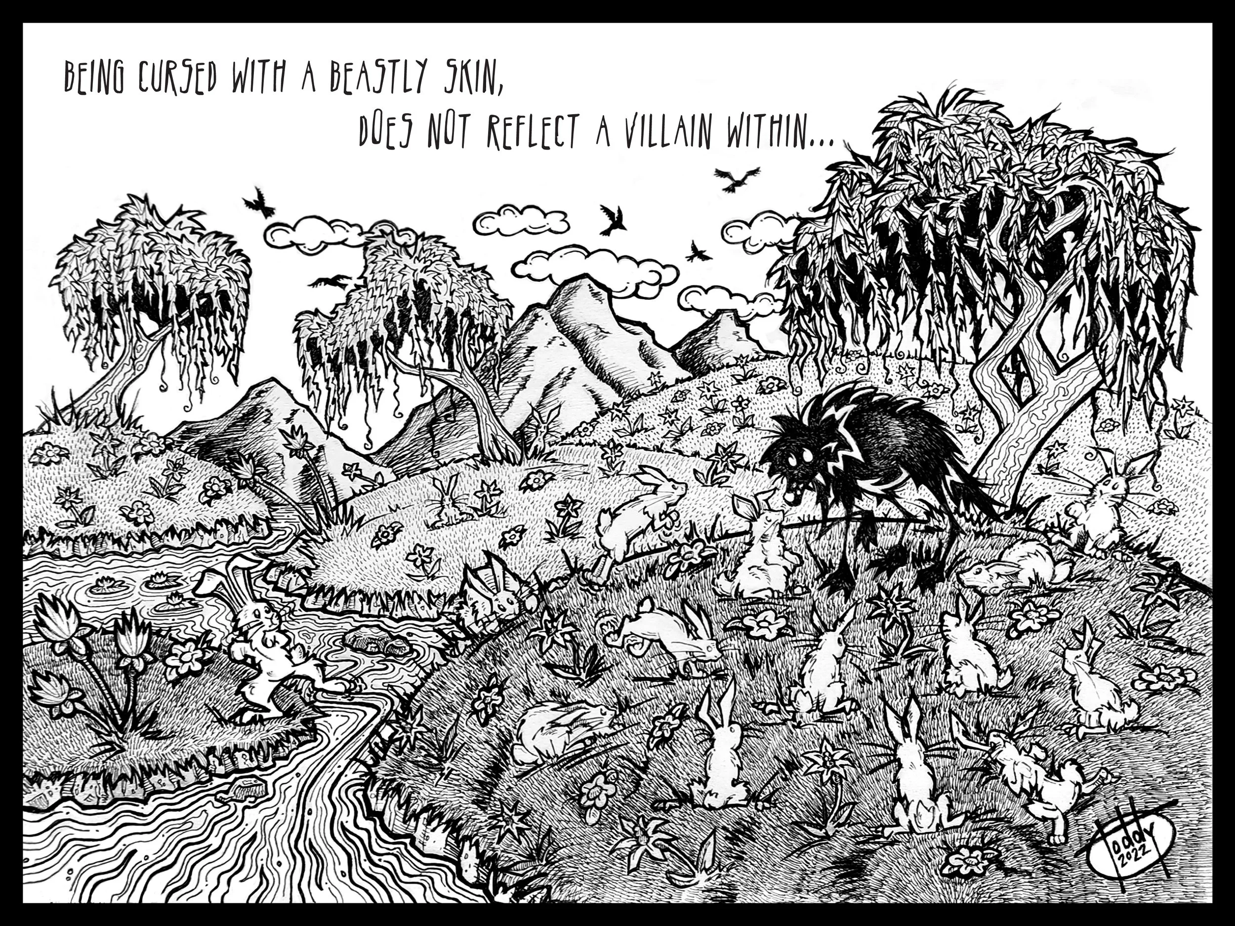 Lone Black Wolf & The Bunnies (Black & White)© 2022 Todd Hagerich; All Rights Reserved