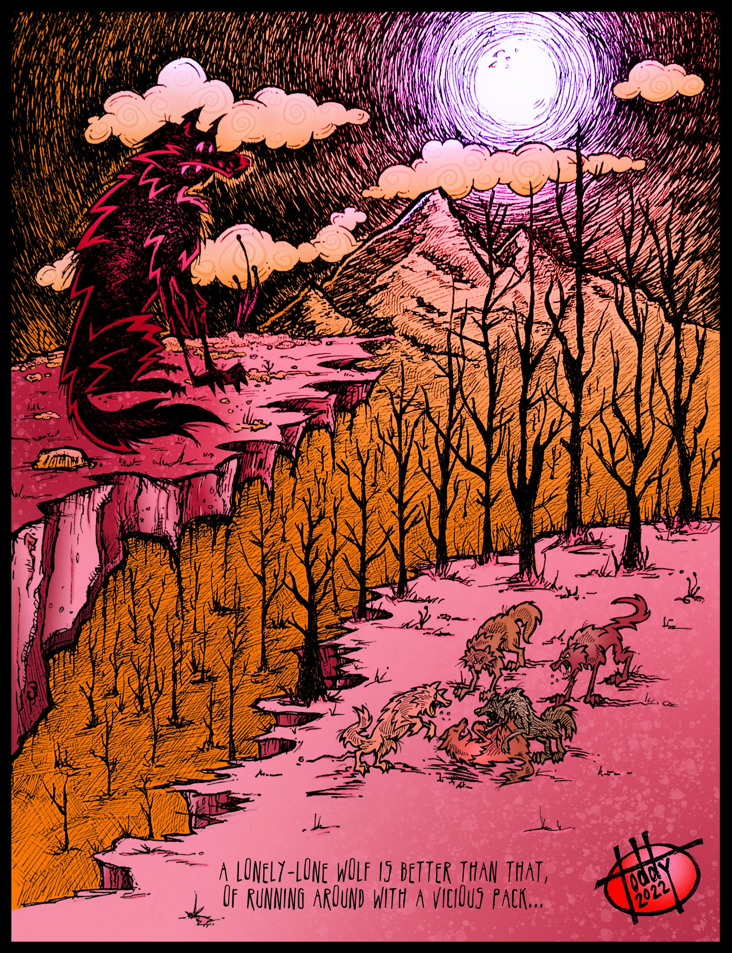 Lone Black Wolf & The Pack (Red & Orange) ; © 2022 Todd Hagerich; All Rights Reserved