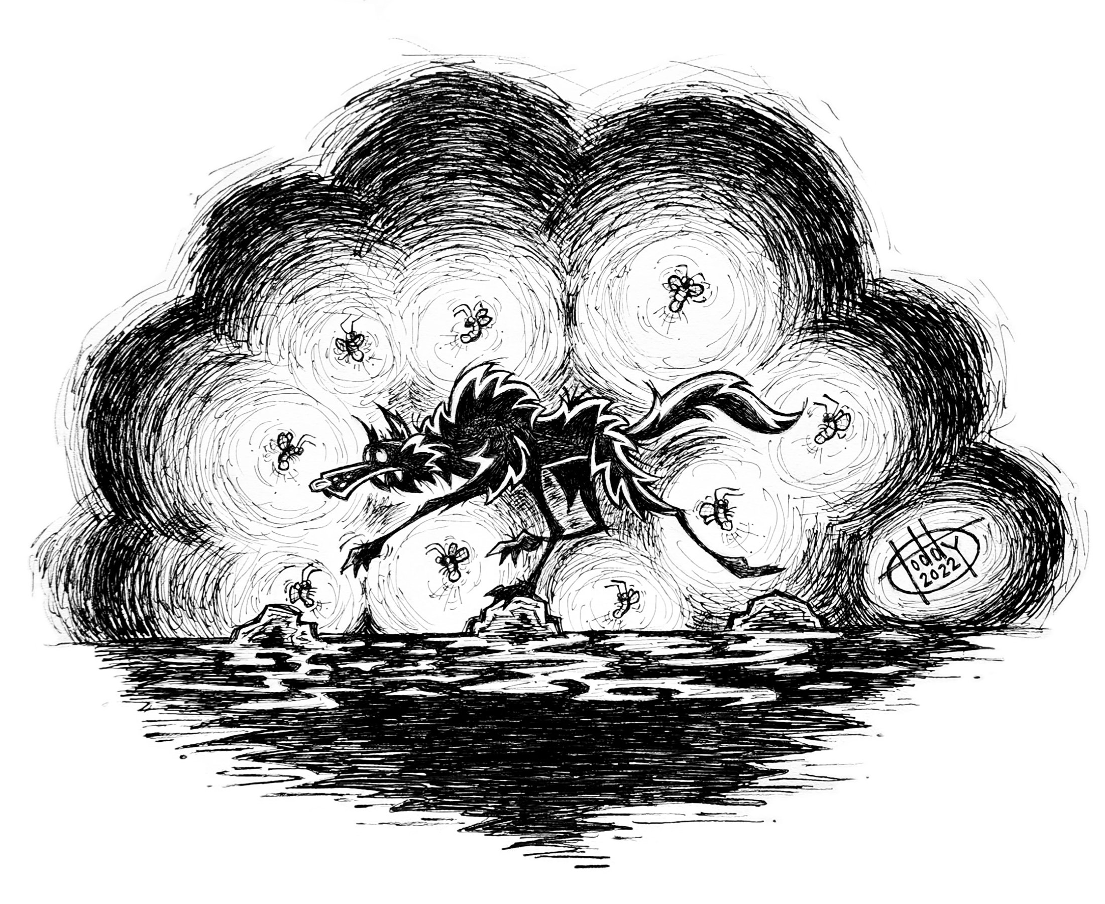 Lone Black Wolf & The Fireflies (Black & White) © 2022 Todd Hagerich; All Rights Reserved