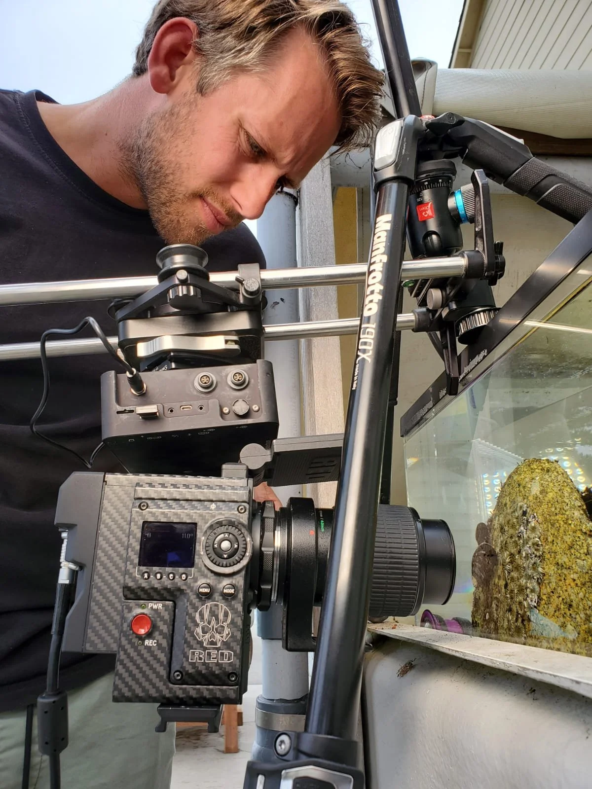 Filming anemones fighting in an aquarium (real time and timelapse) at Hopkins Marine Station in Monterey with the RED Helium on the eMotimo ST4.