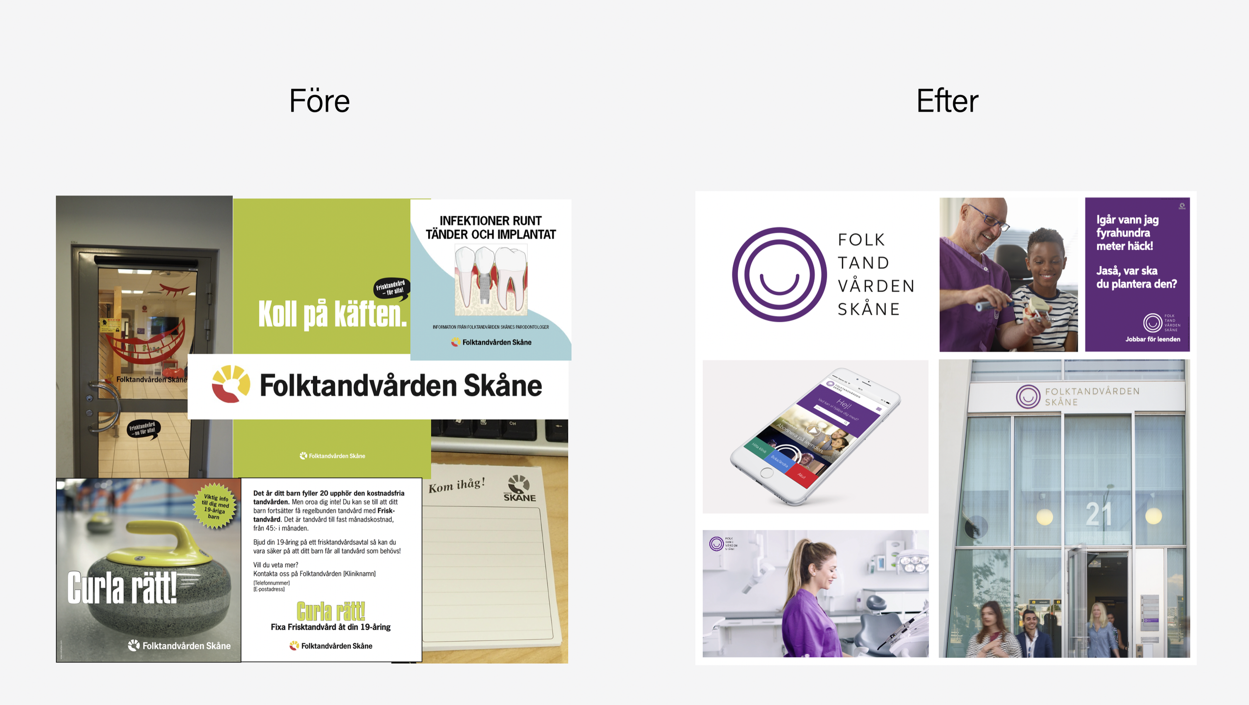 Bild på olika informationsmaterial och skyltar för Folktandvården Skåne, inklusive affischer och skärmar, relaterade till tandvård och klinikens verksamhet.