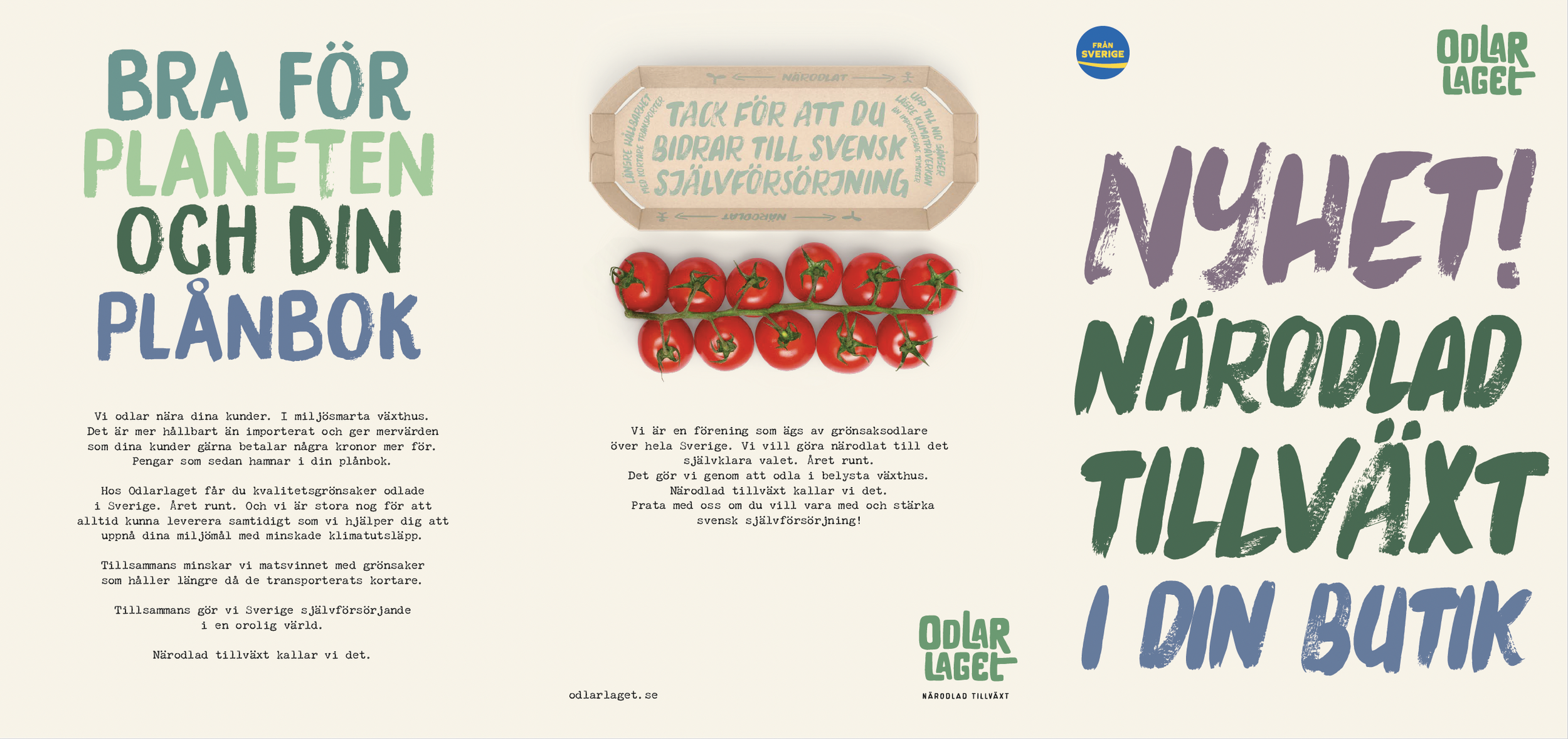 En broschyr från Odlarlaget med text om hållbart jordbruk och självförsörjning, samt en tomatförpackning.