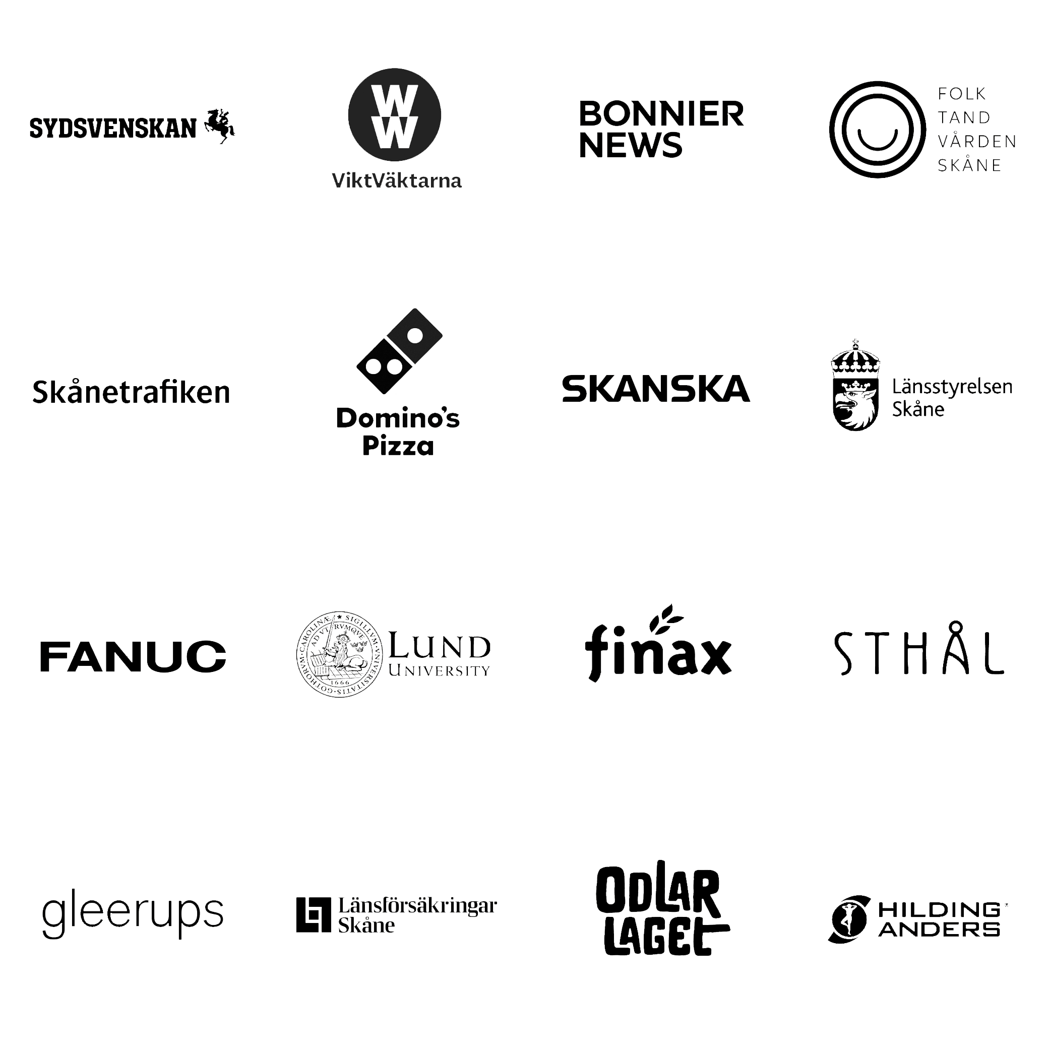 En collage av logotyper från olika organisationer och företag, inklusive Sydsvenska, WW ViktVäktarna, Bonnier News, Folktandvården Skåne, Skånetrafiken, Domino's Pizza, Skanska, Länsstyrelsen Skåne, Fanuc, Lunds universitet, finax, SHL, gleerups, Länsförsäkringar Skåne, Odlar Laget och Flyinge.