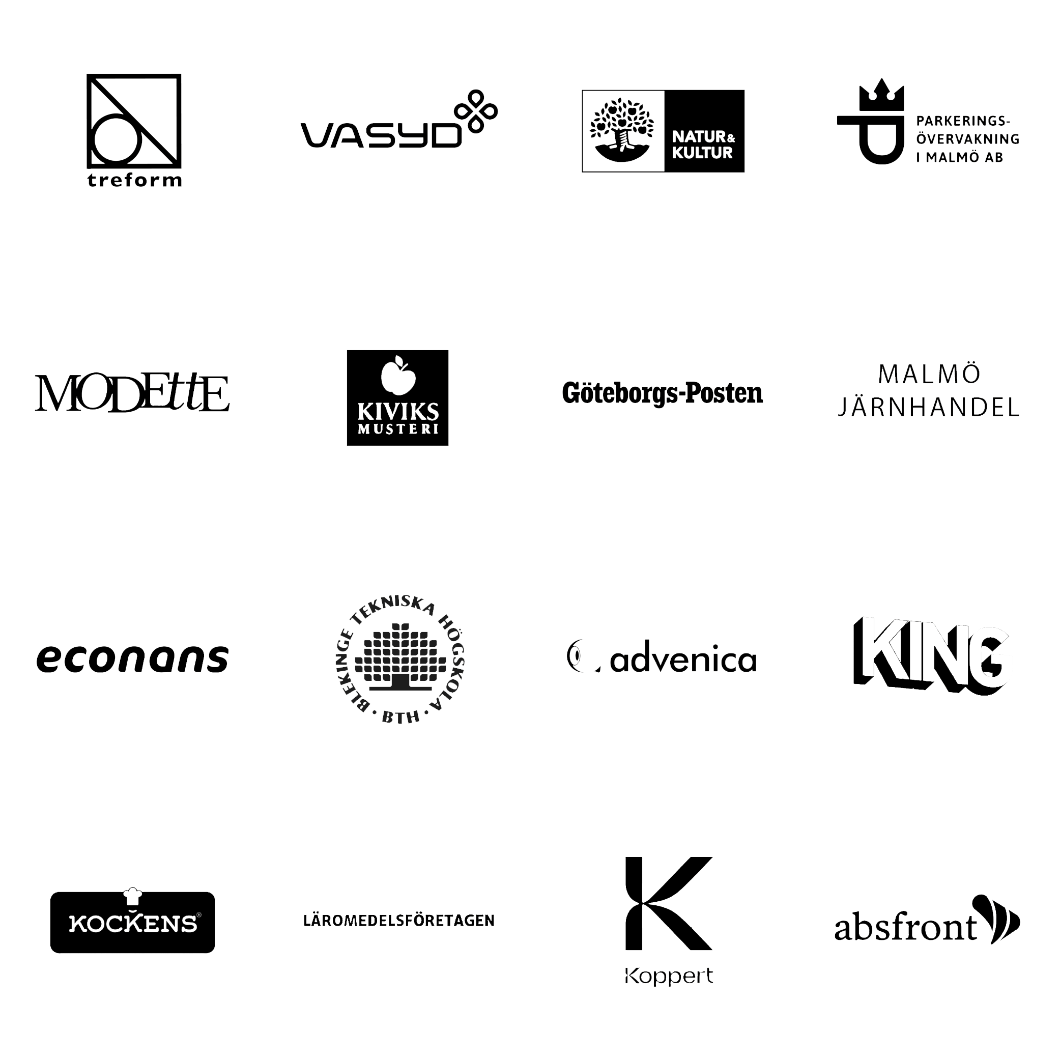 Logotyper för olika företag och organisationer, inklusive treform, Vashd, Natur & Kultur, Parkerings- och övervakning Malmö, Mode Elle, Kiviks Musteri, Göteborgs-Posten, Malmo Jarnhandel, Econans, Teknikhuset, Advenica, King, Kockens, Läkemedelsföretagen, Koppert, Absfront.