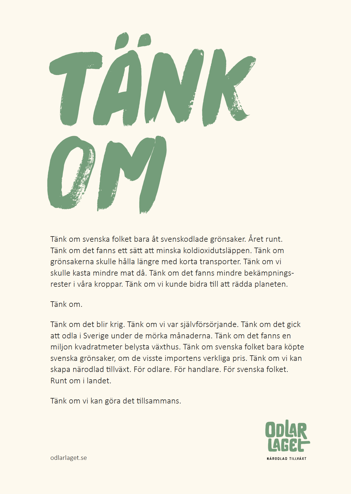 Text som säger "TÄNK OM" och en beskrivning om att minska koldioxidutsläpp och köpa svenska grönsaker.