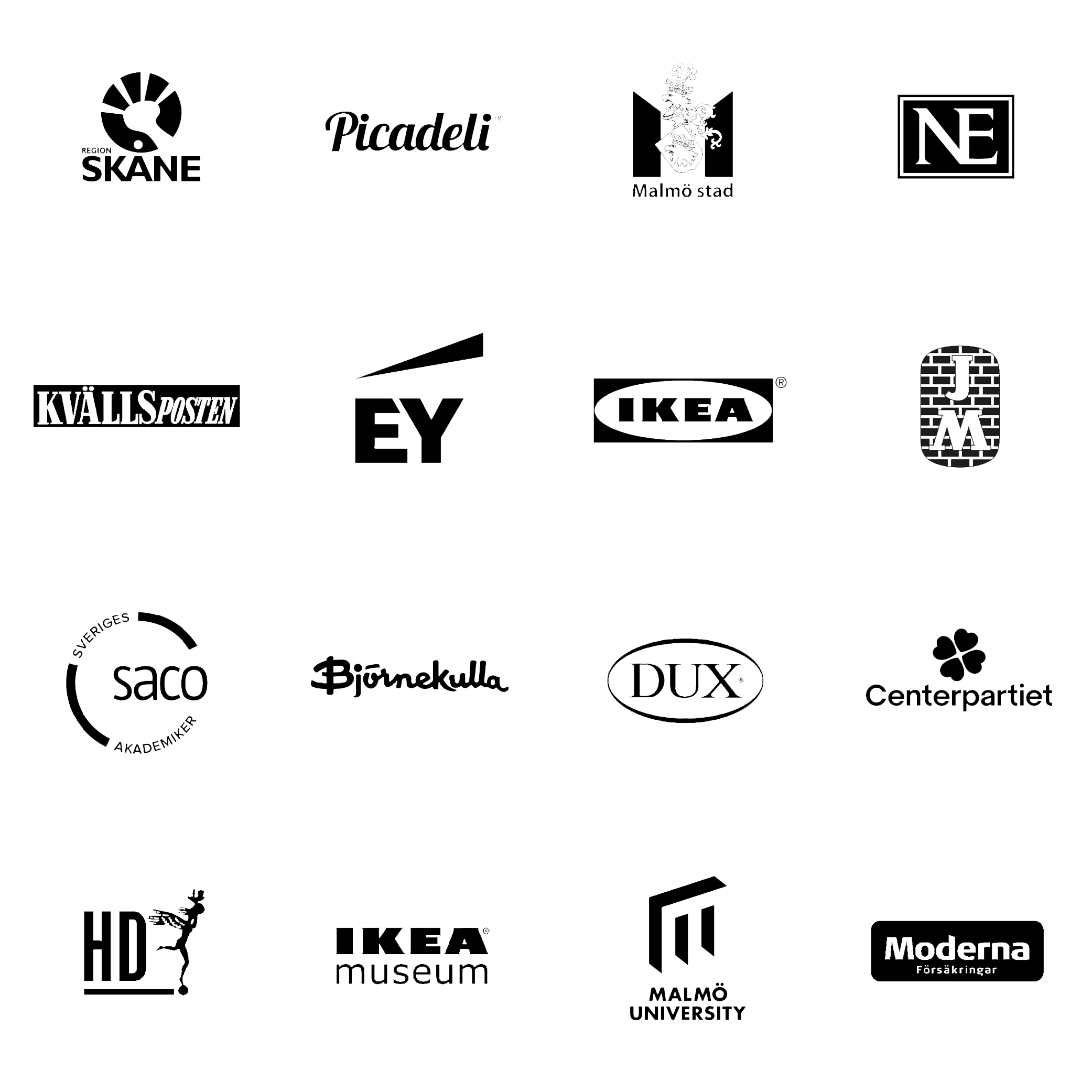 Logotyper av olika företag och organisationer, inkluderar Skåne, Picadelli, Malmö stad, NE, Kvällsposten, EY, IKEA, J.M., Saco, Bäurenkula, DUX, Centerpartiet, HD, IKEA museum, Malmö universitet och Moderna Försäkringar.
