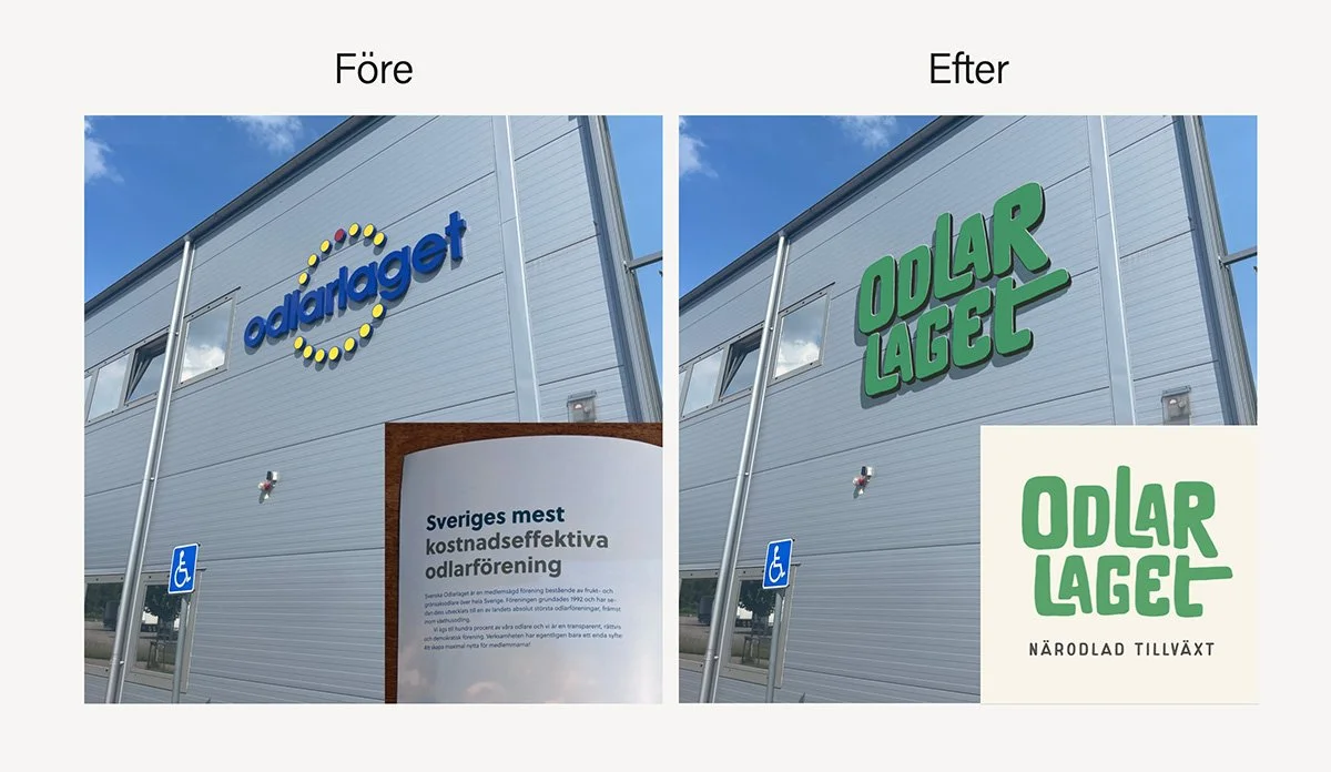 Före och efter bilder av en byggnad med skyltar. Före visar ett blått och gult skylt med texten 'odlarlaget'. Efter visar ett grönt skylt med texten 'Odlarlaget' och ett vitt skyltområde med text 'NÄRODLAD TILLVÄXT'.