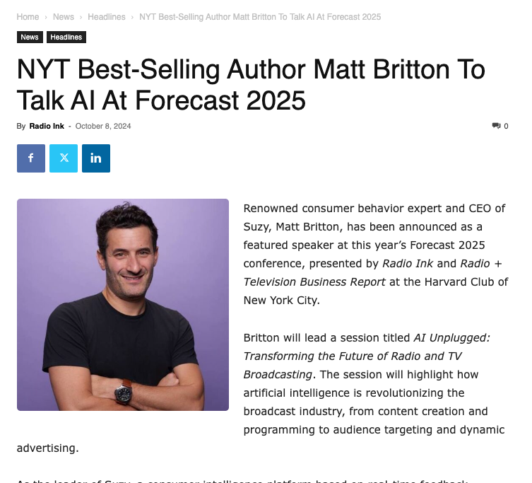 NYT Best-Selling Author Matt Britton To Talk AI At Forecast 2025