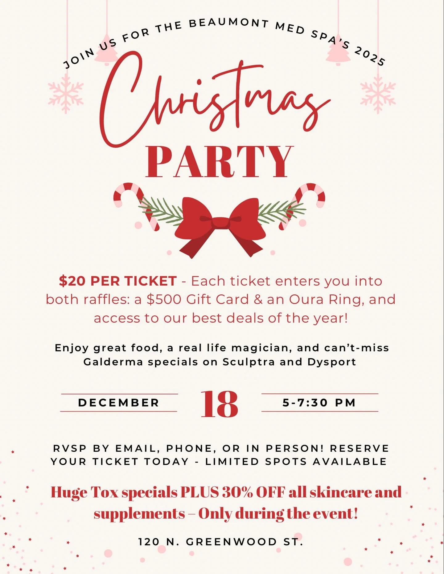 Save the date! 🎁❄️🎄December 18th we&rsquo;re celebrating YOU with raffles, treats, magic, and huge specials. Call, message, or email today to get your ticket!

T H E  B E A U M O N T  M E D  S P A 
120 North Greenwood Street
Lebanon, TN 37087
☎️: :