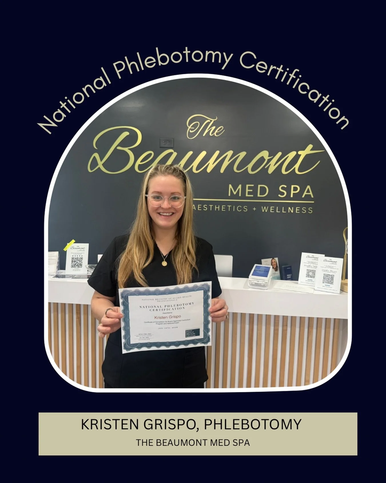 We are excited to announce that Kristen completed her National Phlebotomy Certification!

CONGRATULATIONS KRISTEN!! 

T H E  B E A U M O N T  M E D  S P A 
120 North Greenwood Street
Lebanon, TN 37087
☎️: : 615-257-5609
💻: thebeaumontmedspa.com 
.
.
