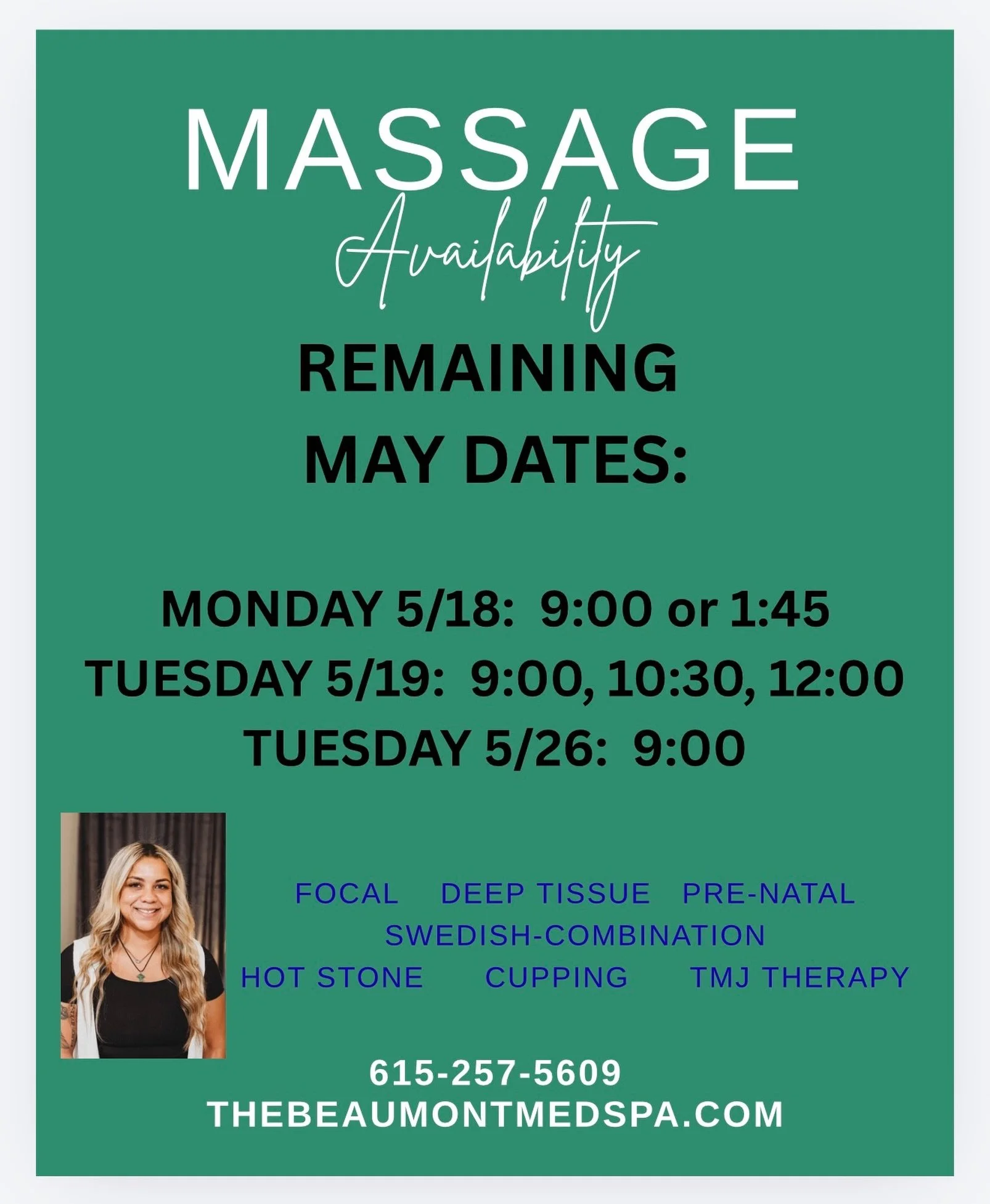 MAY is almost full&hellip;

Meet Jerrika &mdash; a highly skilled and extensively trained licensed massage therapist dedicated to helping you feel your absolute best. With a unique blend of advanced technical expertise, in-depth anatomical knowledge,