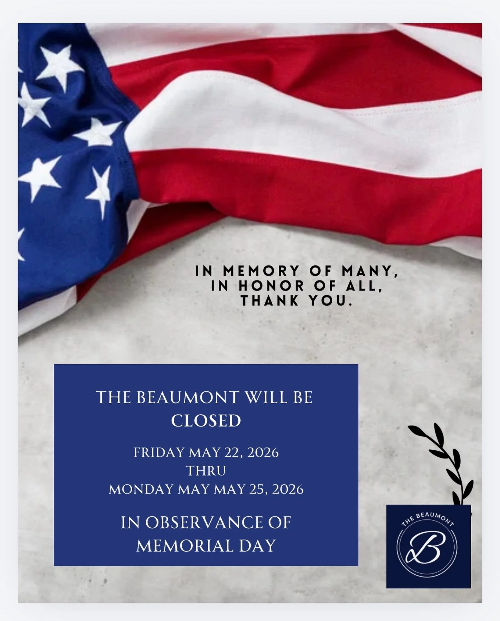 🇺🇸❤️ As we gather with family and friends this Memorial Day weekend, all of us at The Beaumont Med Spa hope you have a safe, happy, and meaningful holiday.

We remember and honor the brave men and women who made the ultimate sacrifice for our freed