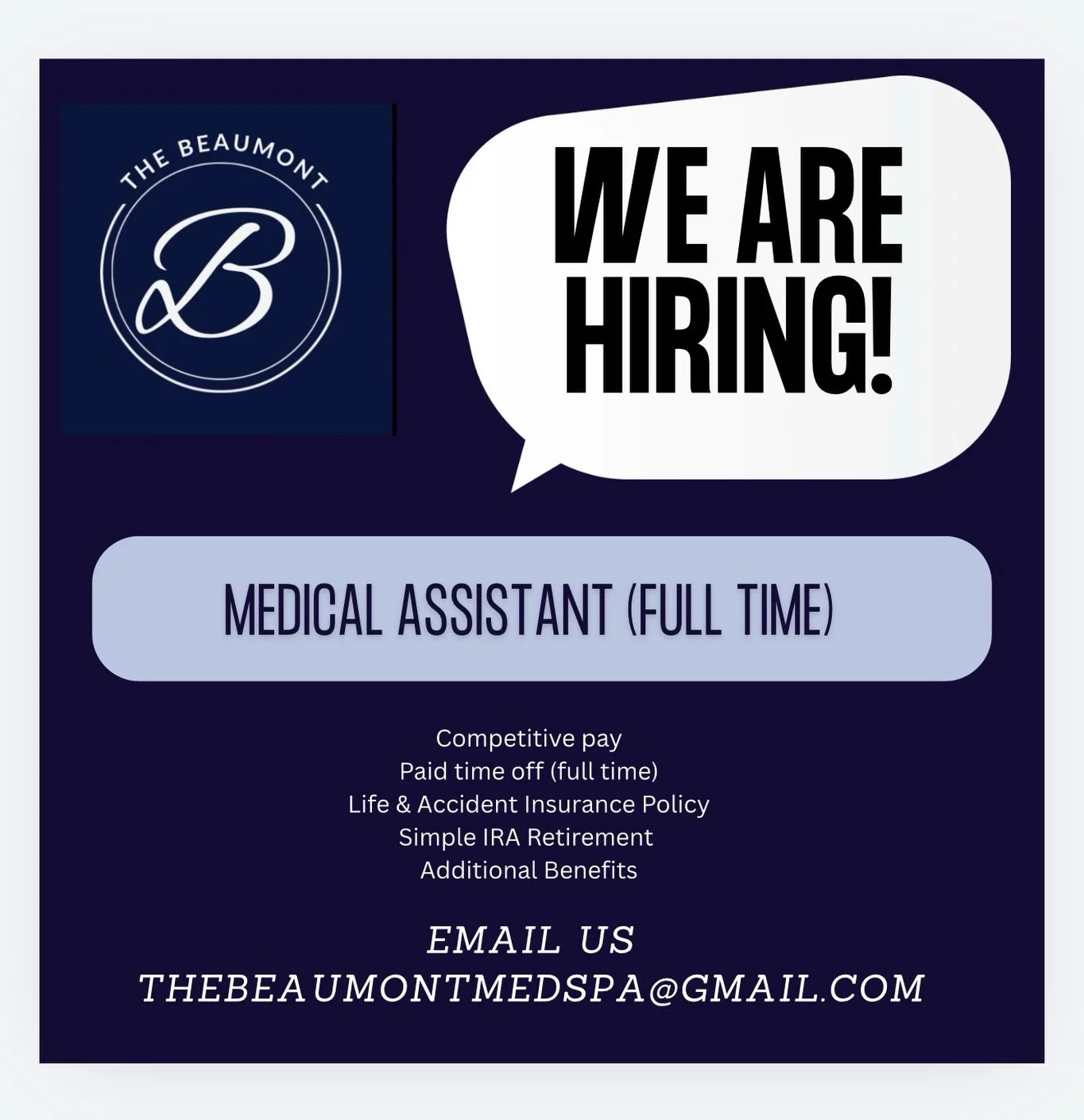 ✨ We&rsquo;re Growing &mdash; Are You Ready to Join Our Team? ✨

The Beaumont Med Spa is looking for a full-time Medical Assistant to join our amazing team! 🤍

We&rsquo;re searching for someone who is:
&bull; Motivated &amp; dependable
&bull; Passio