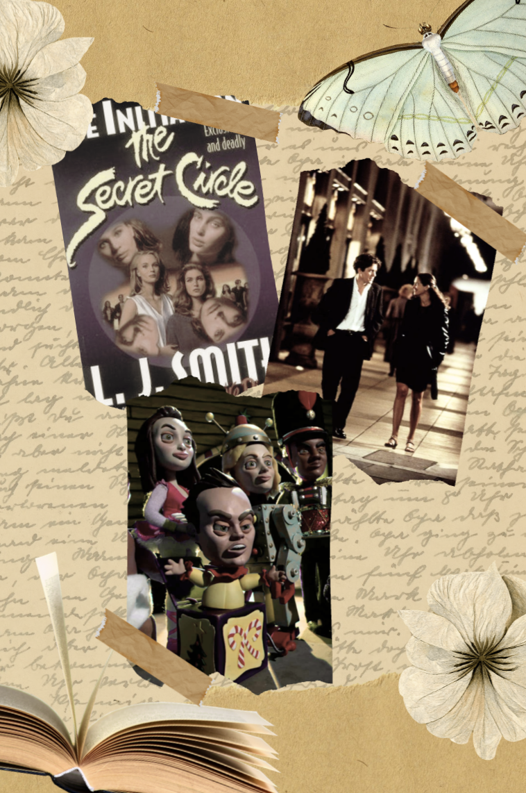 Collage image with the cover of The Secret Circle by LJ Smith, two lovers walking down the road from the movie Notting Hill, and a scene of all the characters from the episode "Abed's Uncontrollable Christmas" from the TV show "Community"