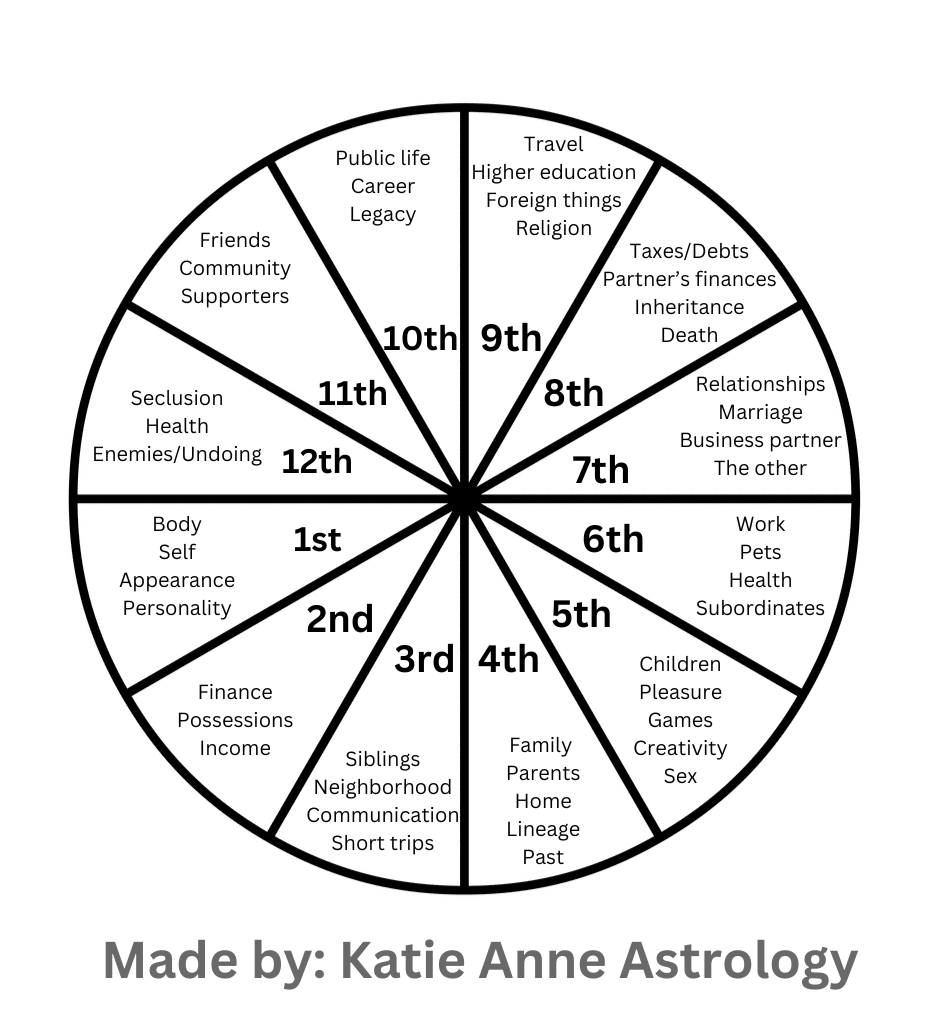 Shows the 12 houses in astrology and examples for each of the houses