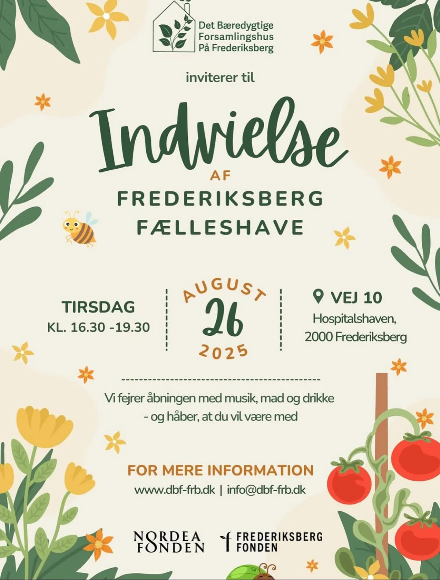 Kom til vores indvielse af Frederiksberg Fælleshave ved Det Bæredygtige Forsamlingshus 🌱
Vi har bygget det fineste væksthus og vil gerne invitere til en skål, hygge, bål og musik i haven. 
Tak til:
 @nordeafonden  @fre