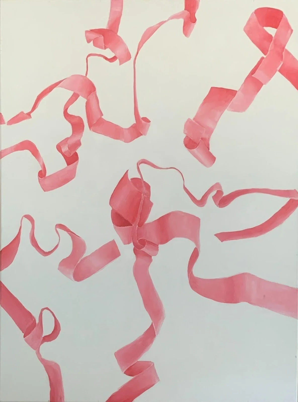 Pink ribbon flows across a white background.