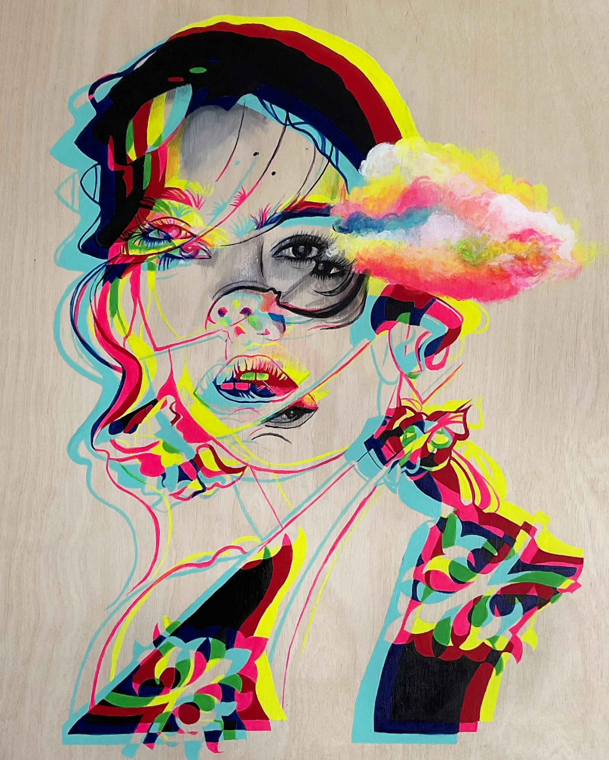 Glitch Acrylic on wood painting, Nyahzul NYC