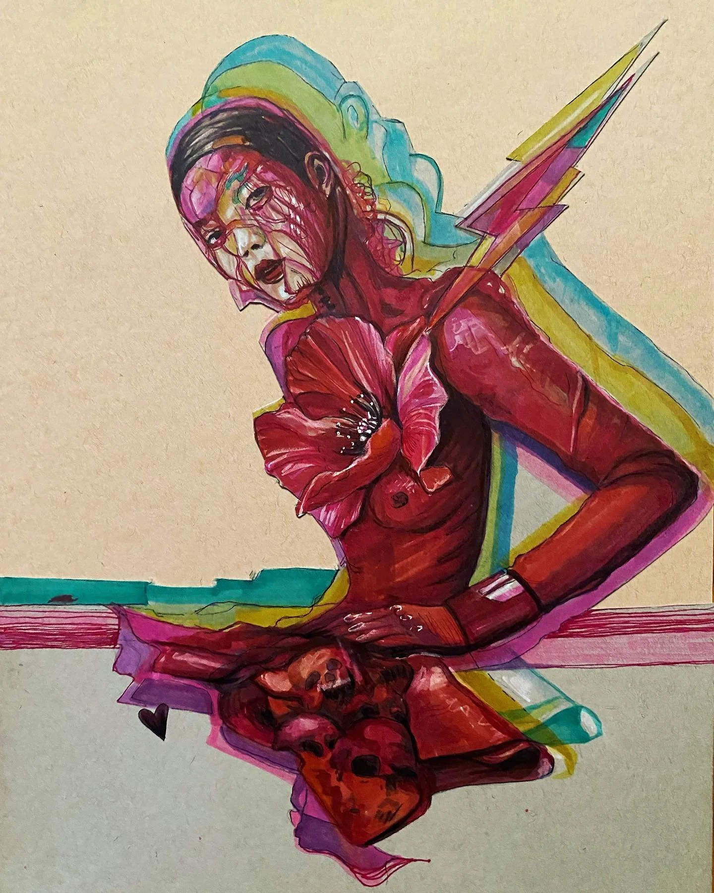 Abstract glitch portrait of a figure with red and pink hues, featuring a prominent flower and layered geometric elements.