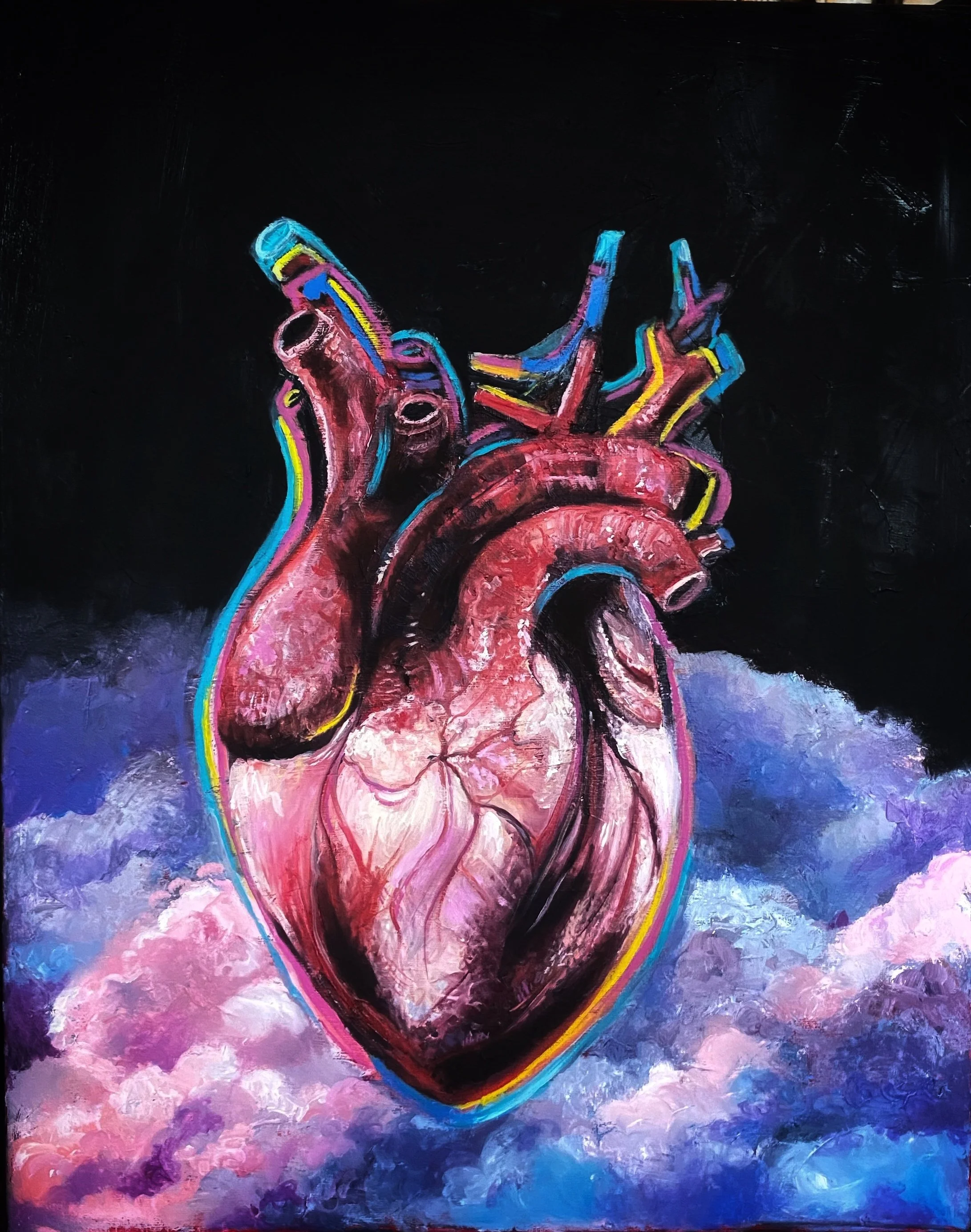 Vibrant heart illustration with colorful outlines in a cloudy sky.