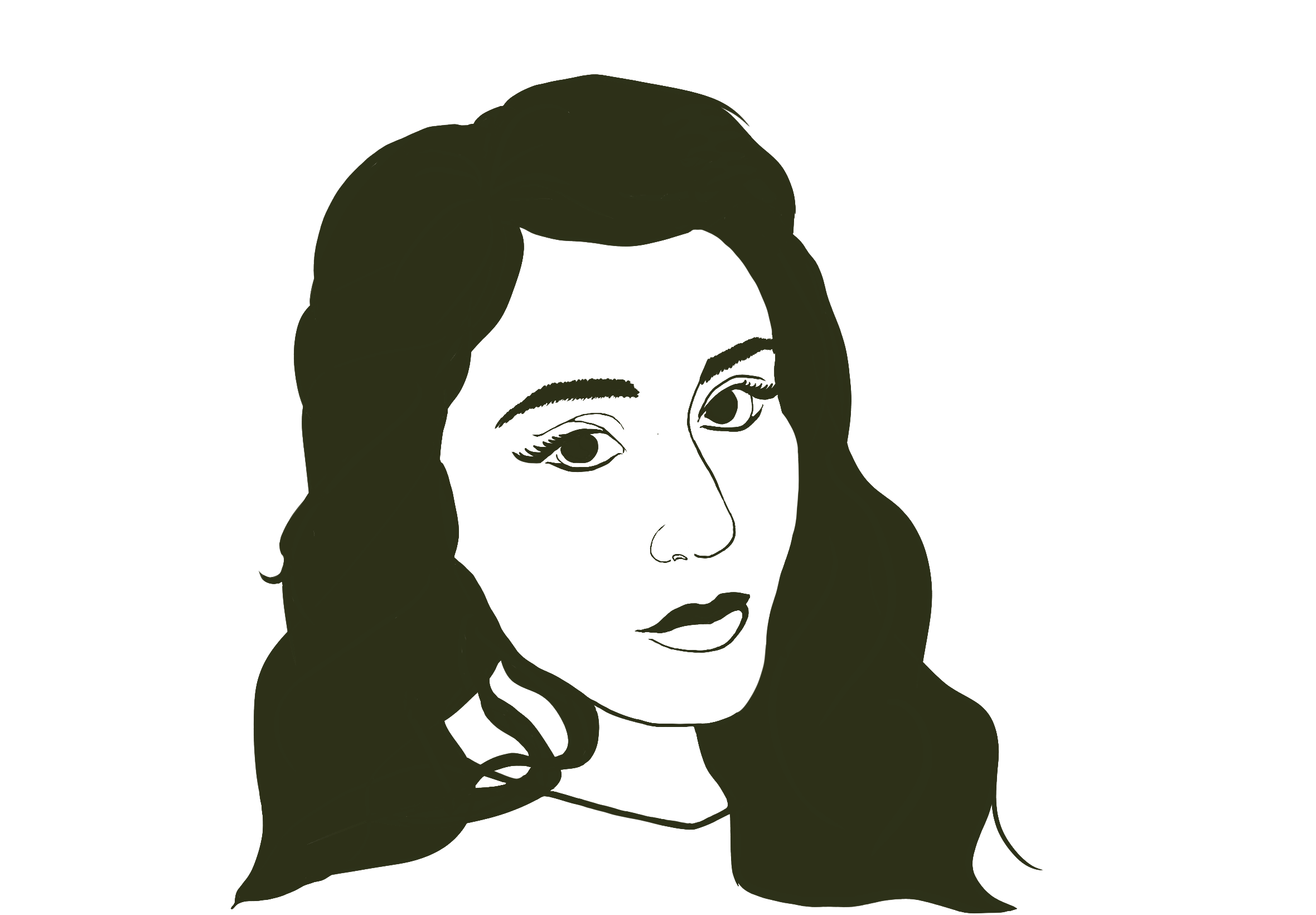 Line art illustration of a woman's face with long hair, looking slightly to the side.