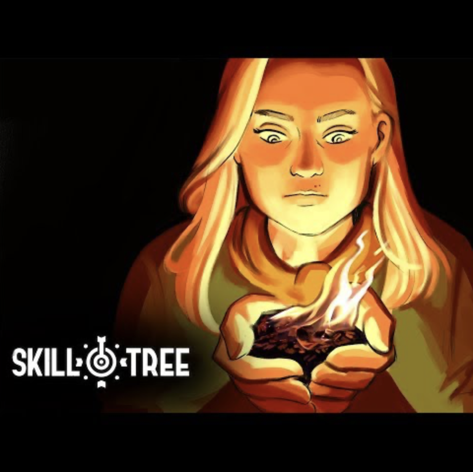 An illustrated woman with long blonde hair looking at a small bonfire in her hands with a surprised expression.