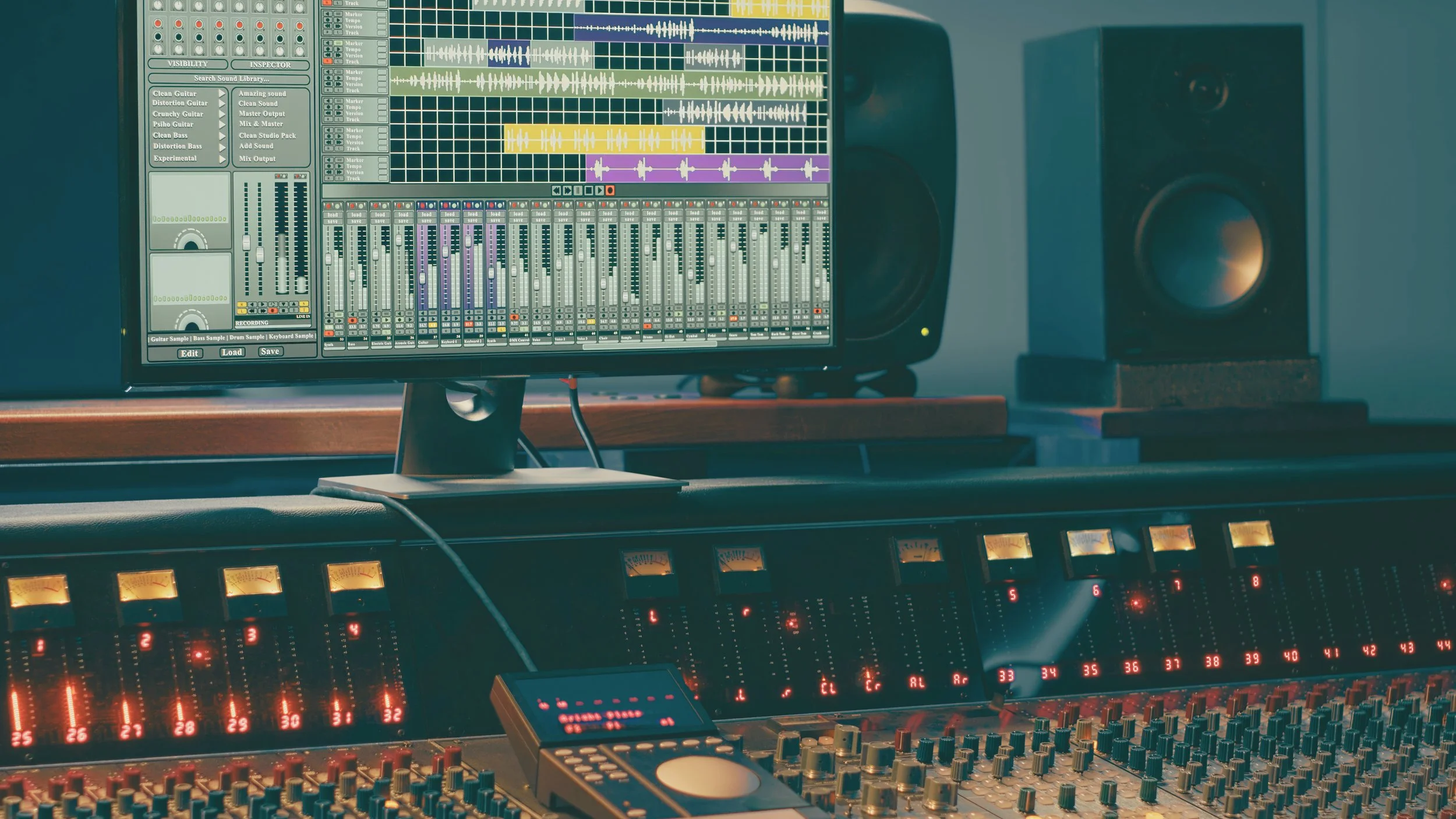 Music production studio with a computer monitor displaying audio editing software, professional studio speakers, a mixing console with illuminated controls, and a DJ controller.